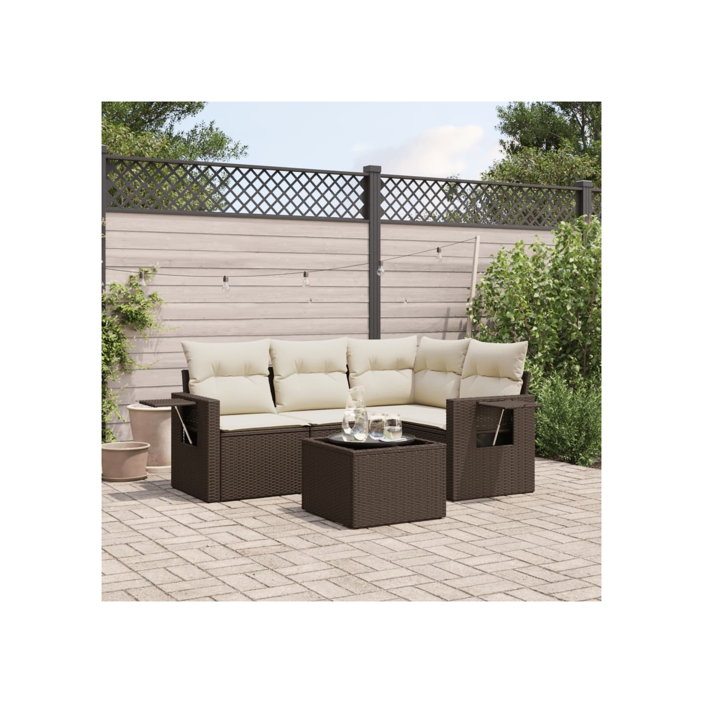 Salon de jardin avec coussins 5 pcs marron résine tressée