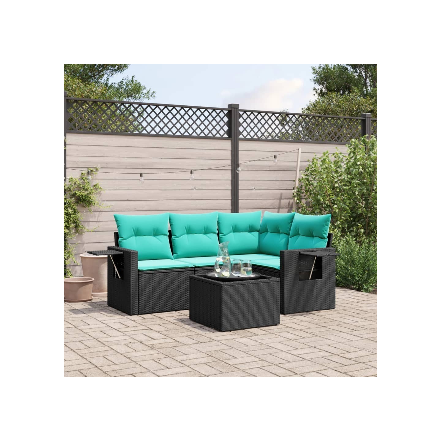 Ensemble de canapé de jardin 5 pcs avec coussins noir résine tressée