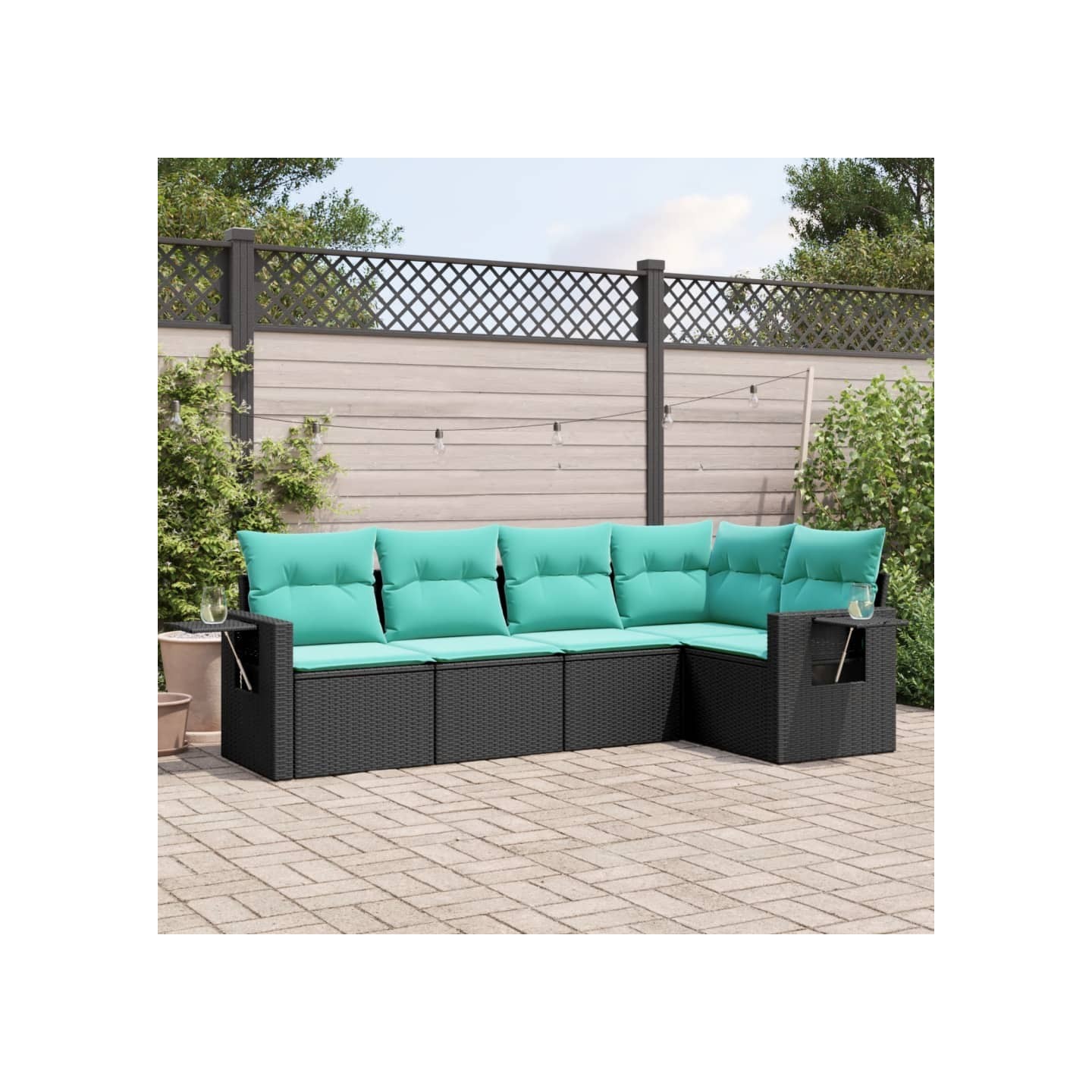 Salon de jardin 5 pcs avec coussins noir résine tressée