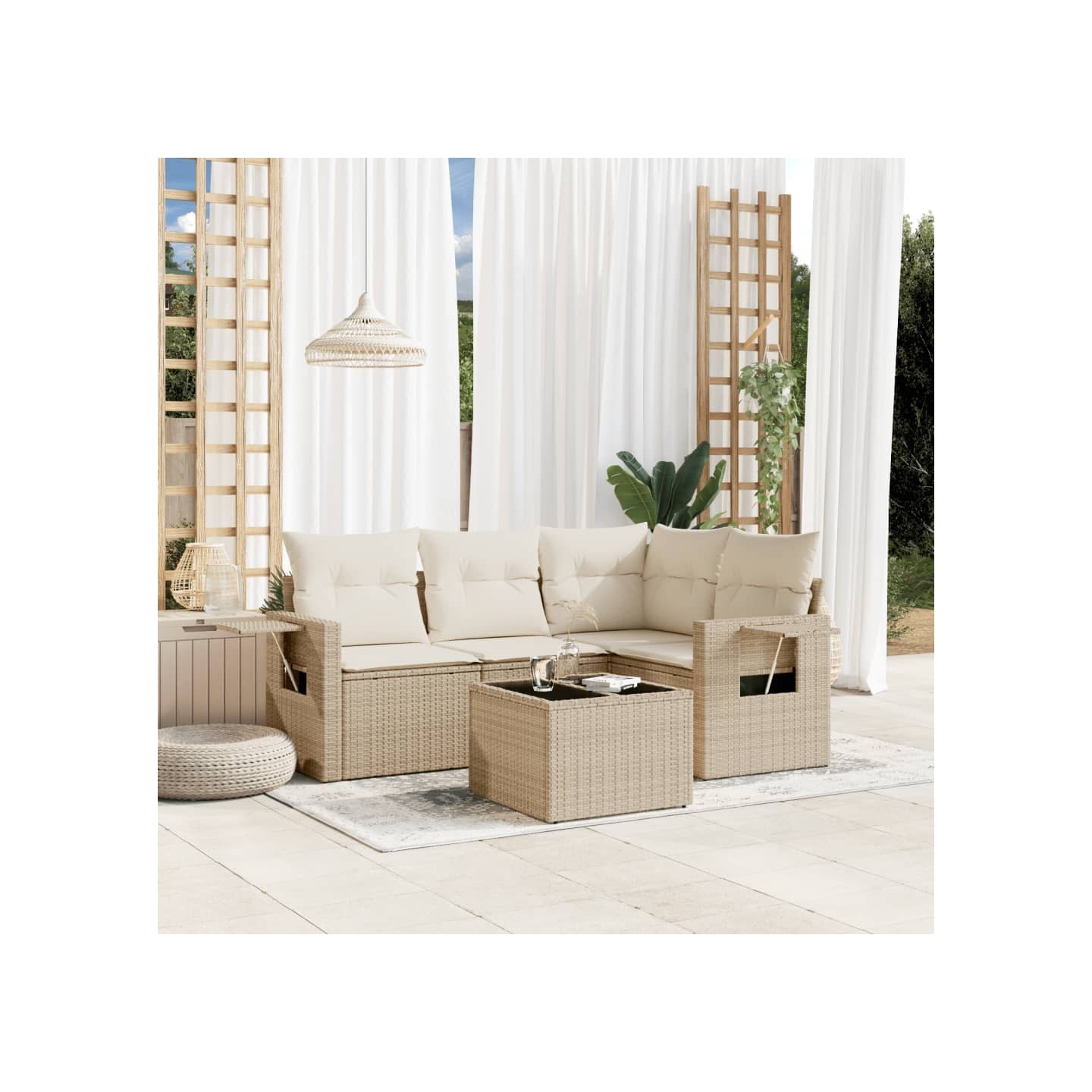 Salon de jardin avec coussins 5 pcs beige résine tressée