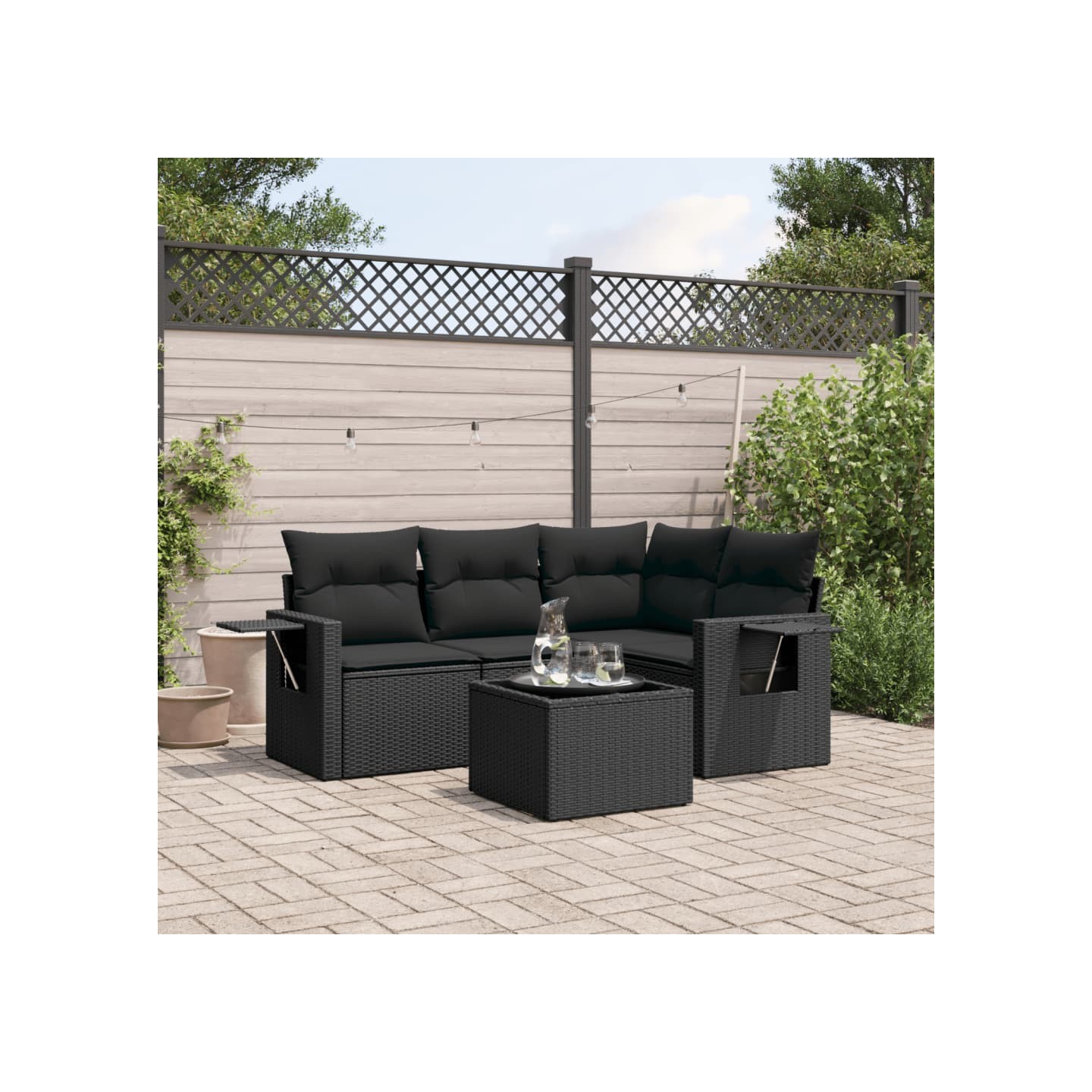 Salon de jardin 5 pcs avec coussins noir résine tressée