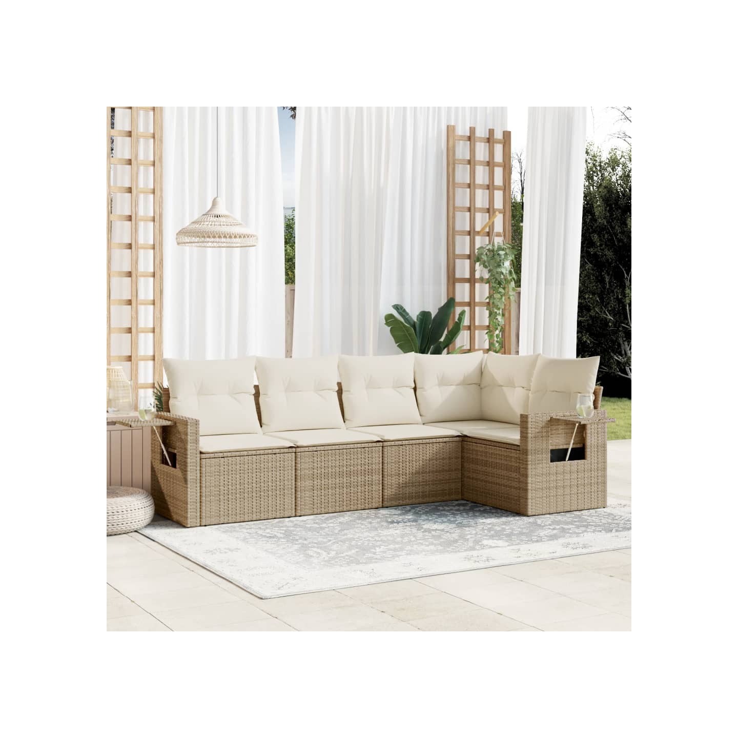 Salon de jardin avec coussins 5 pcs beige résine tressée
