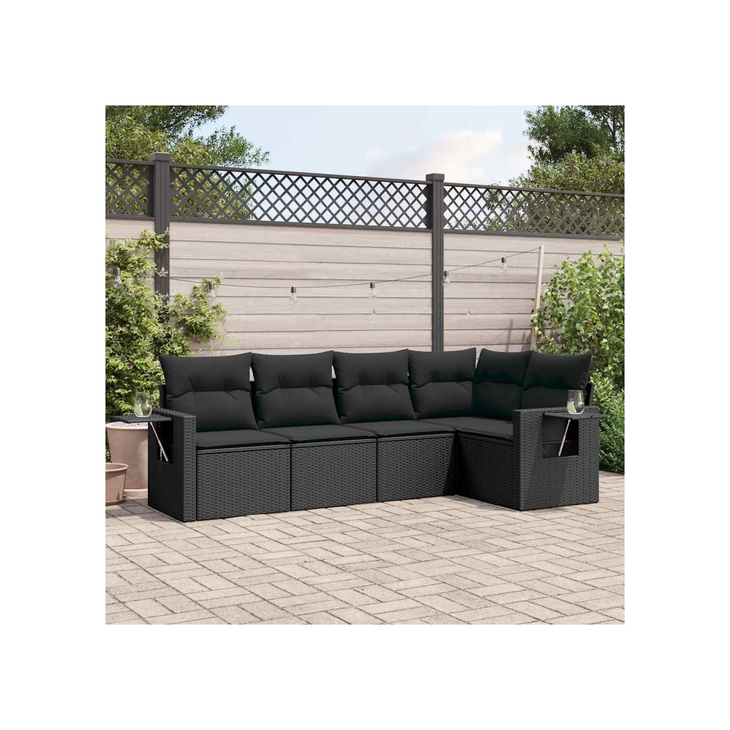 Salon de jardin 5 pcs avec coussins noir résine tressée