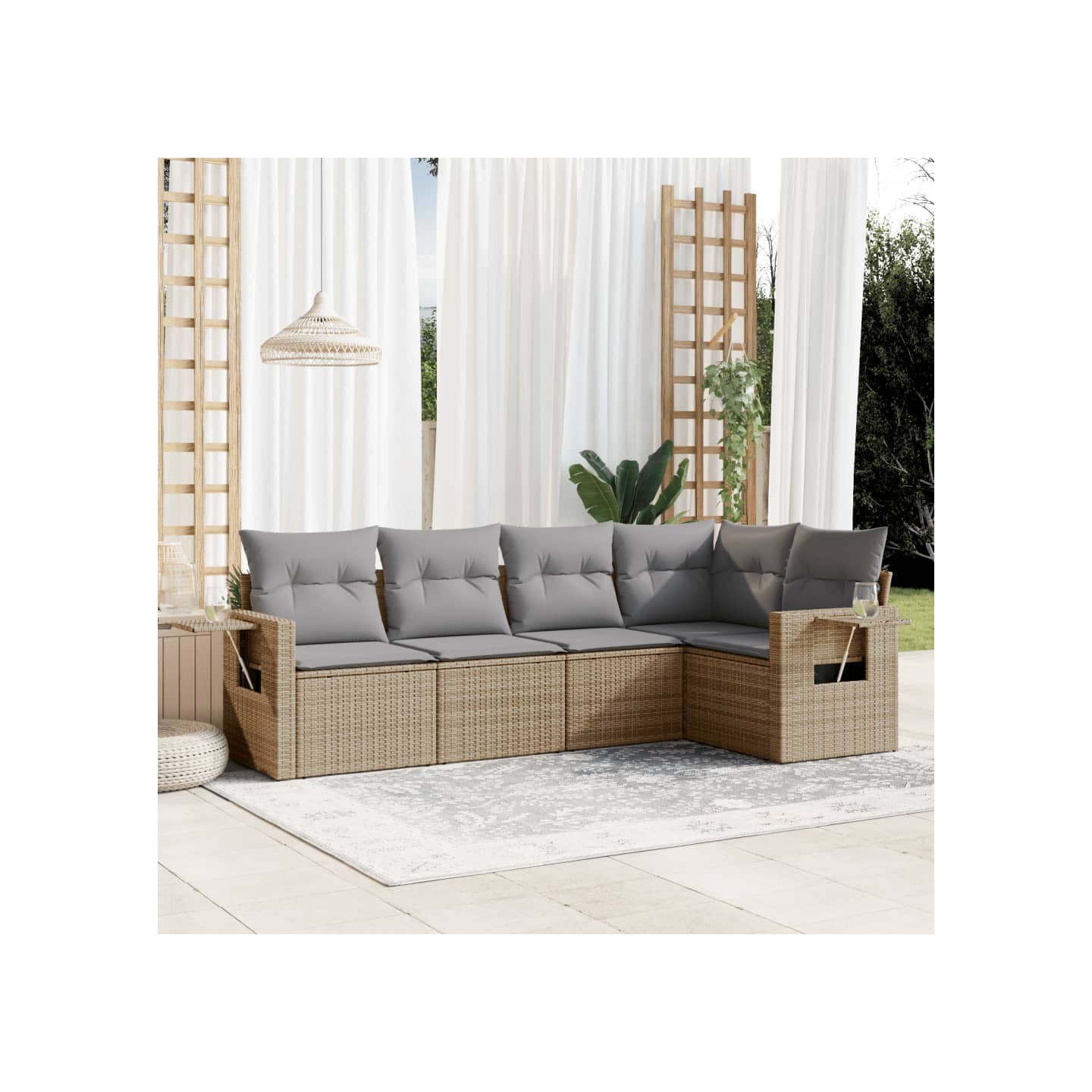 Salon de jardin avec coussins 5 pcs beige résine tressée