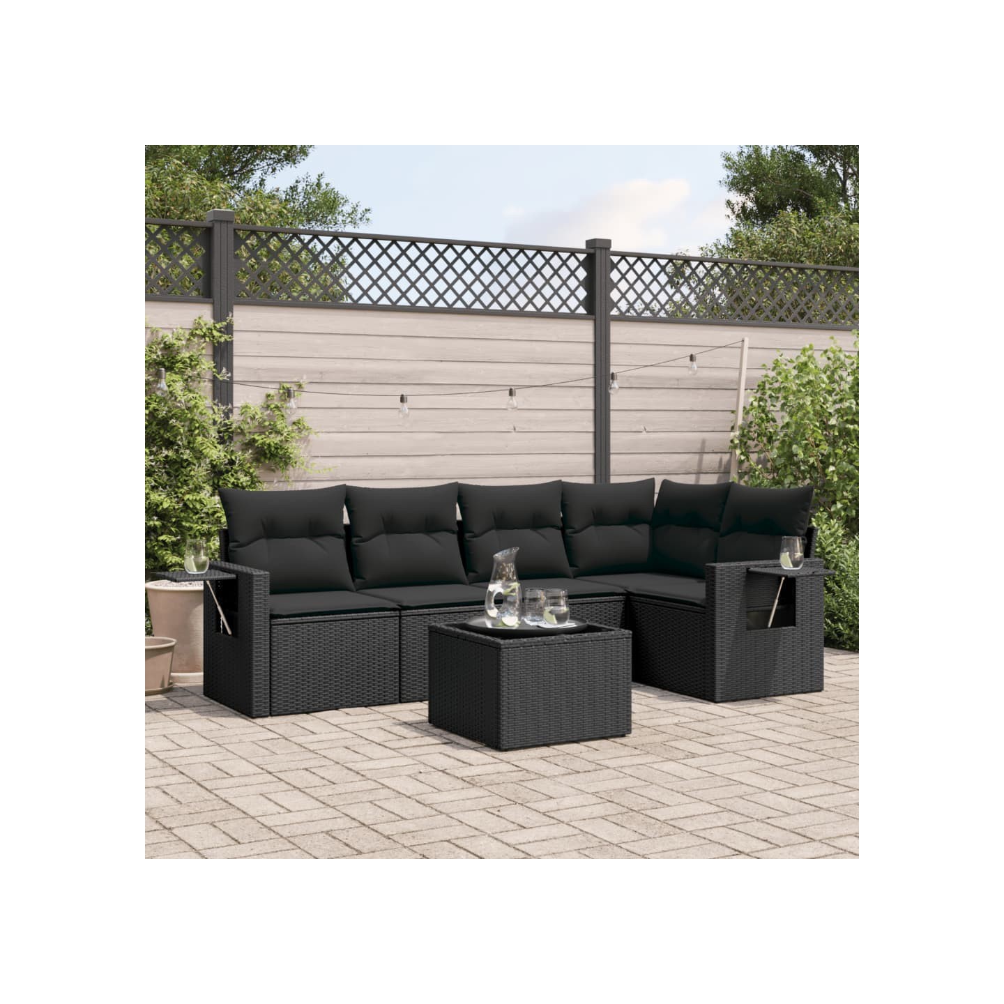 Salon de jardin 6 pcs avec coussins noir résine tressée
