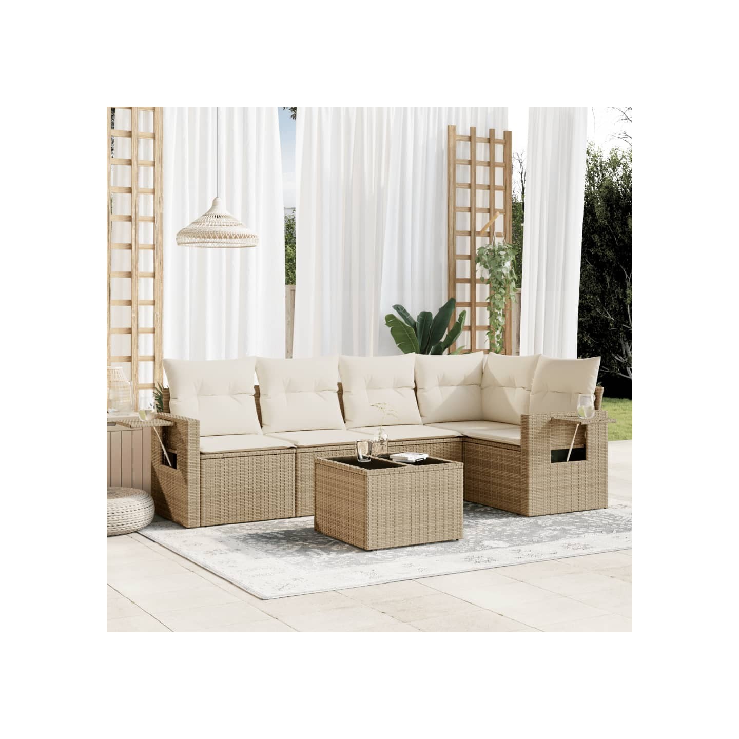 Salon de jardin avec coussins 6 pcs beige résine tressée