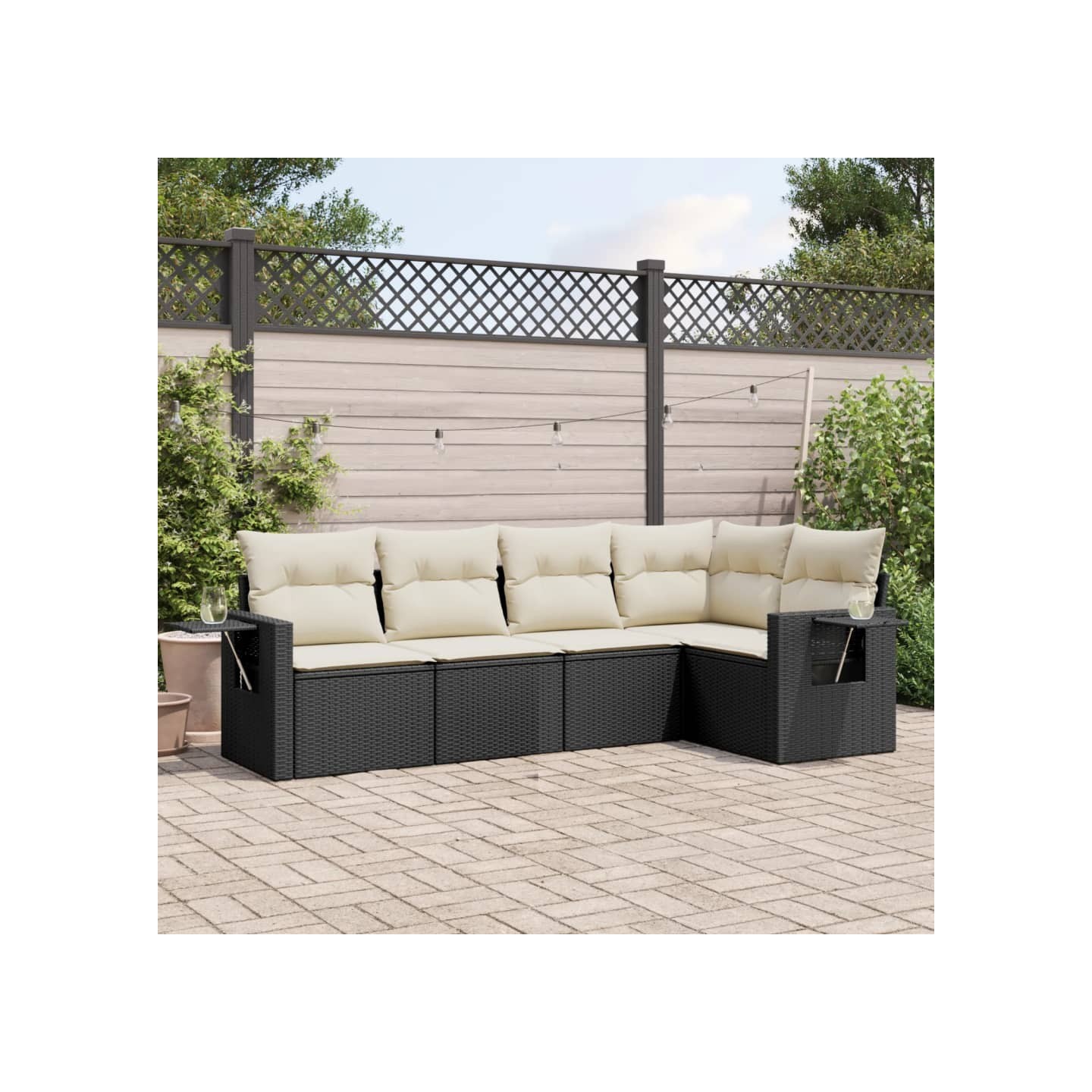 Salon de jardin 5 pcs avec coussins noir résine tressée