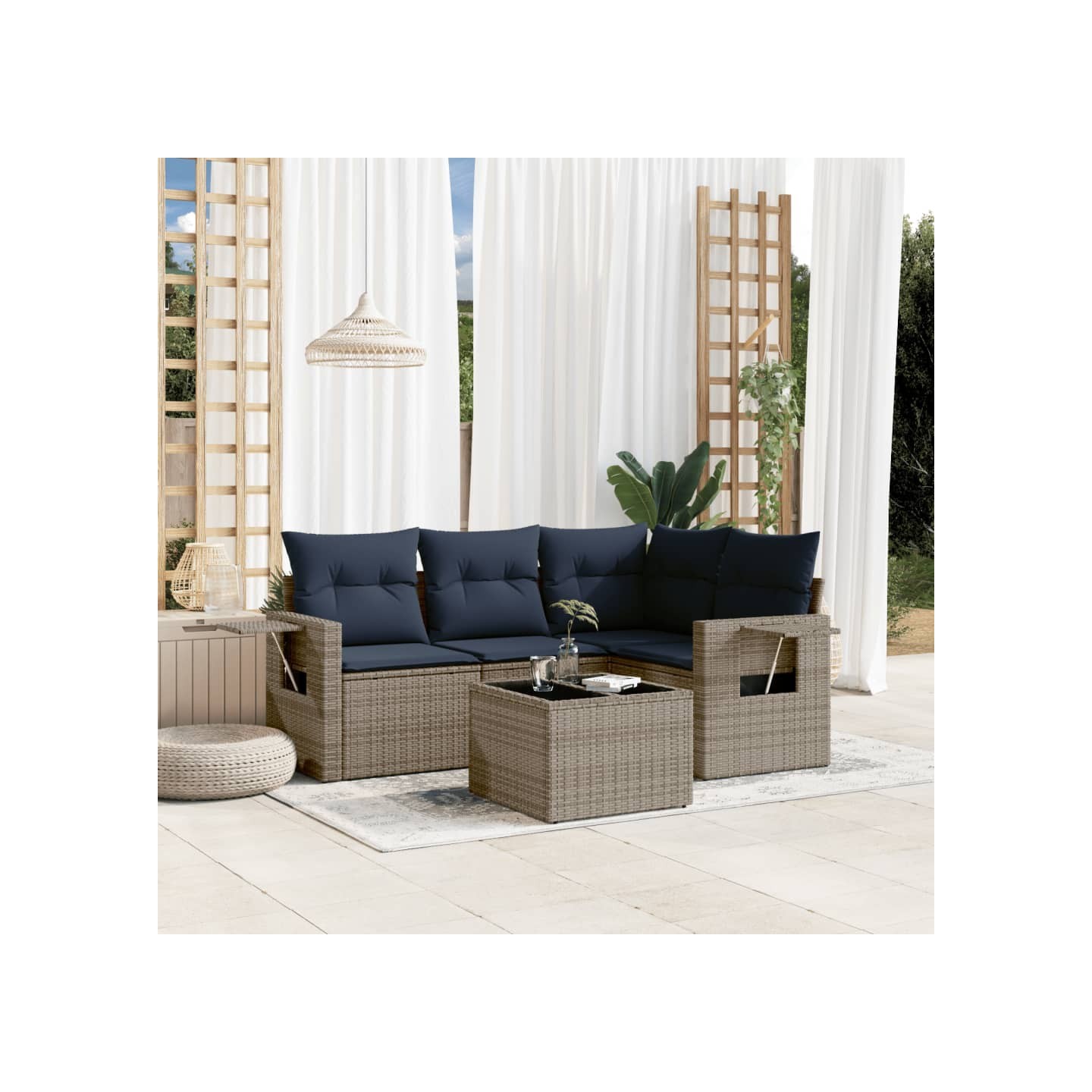 Ensemble de canapé de jardin 5 pcs avec coussins gris résine tressée