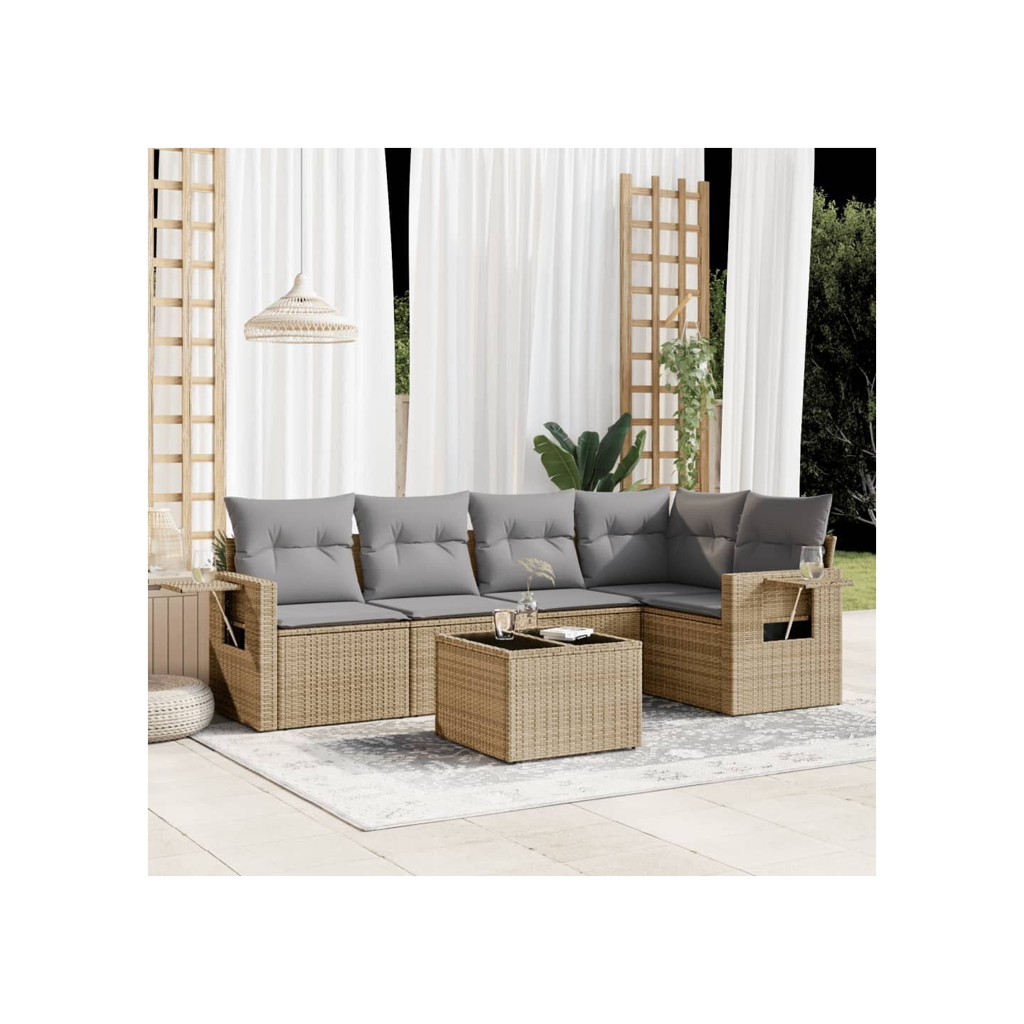 Salon de jardin avec coussins 6 pcs beige résine tressée