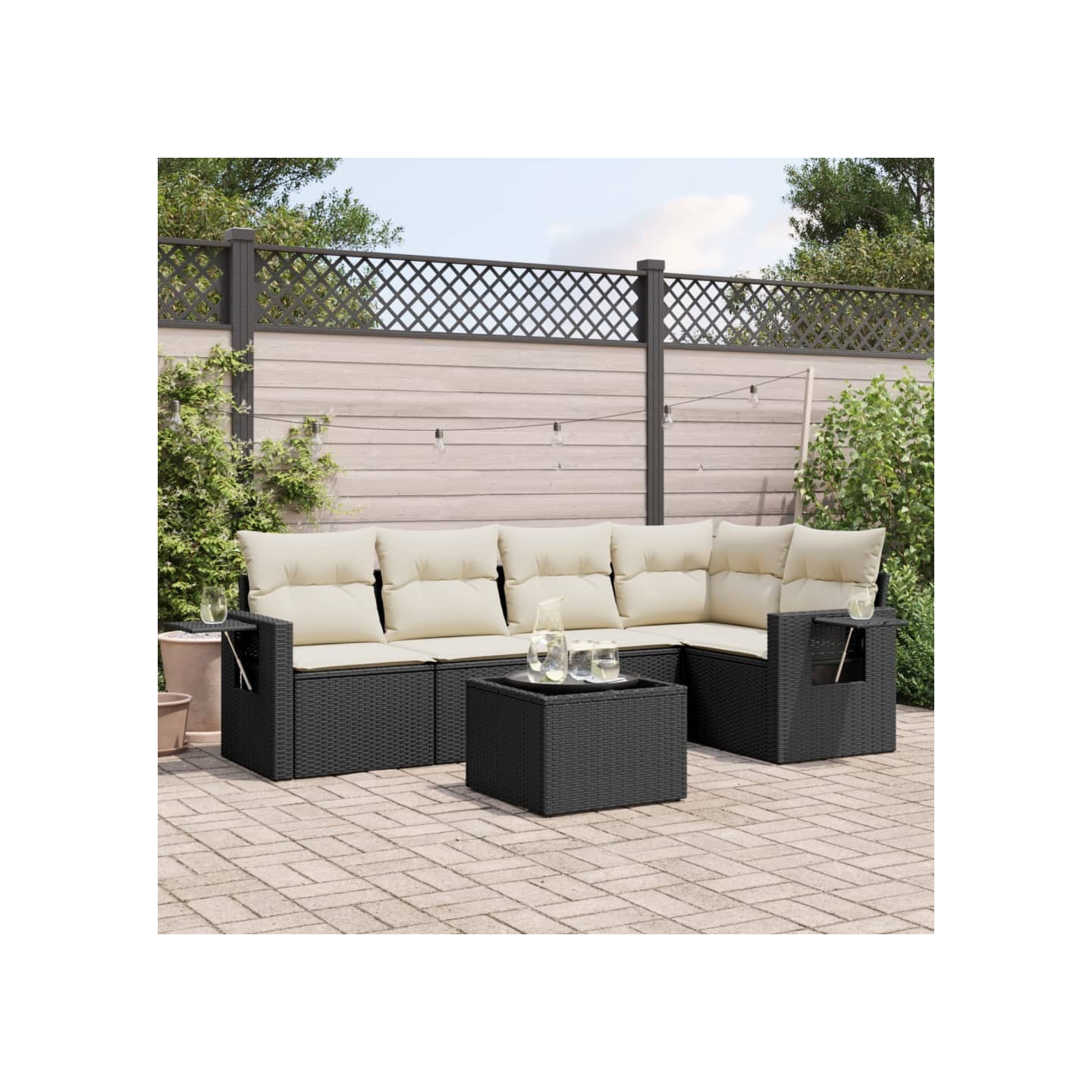 Salon de jardin 6 pcs avec coussins noir résine tressée