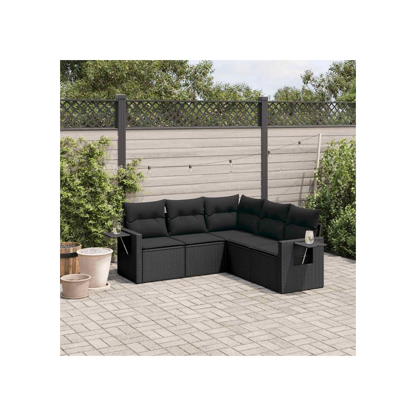 Salon de jardin 5 pcs avec coussins noir résine tressée
