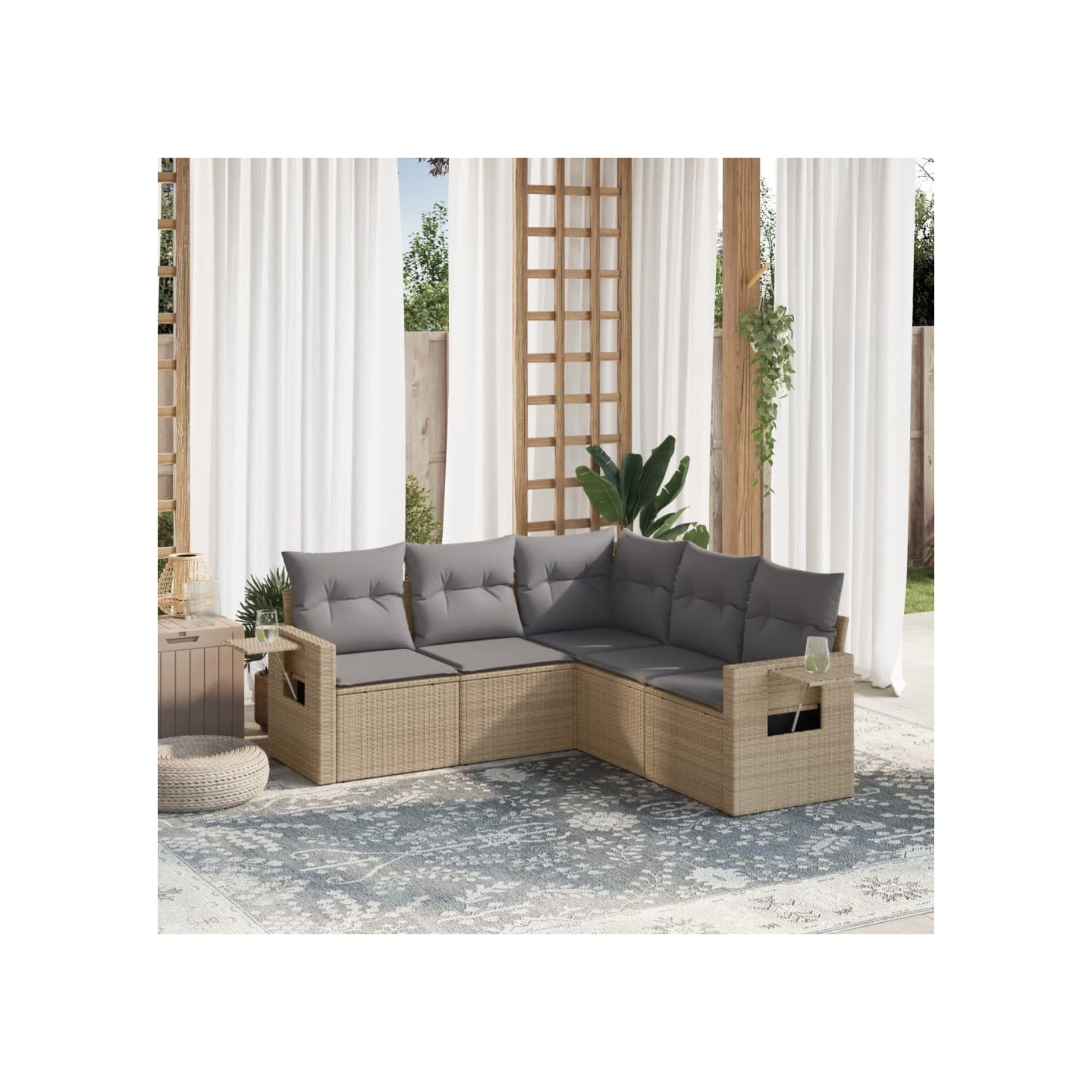 Salon de jardin avec coussins 5 pcs beige résine tressée