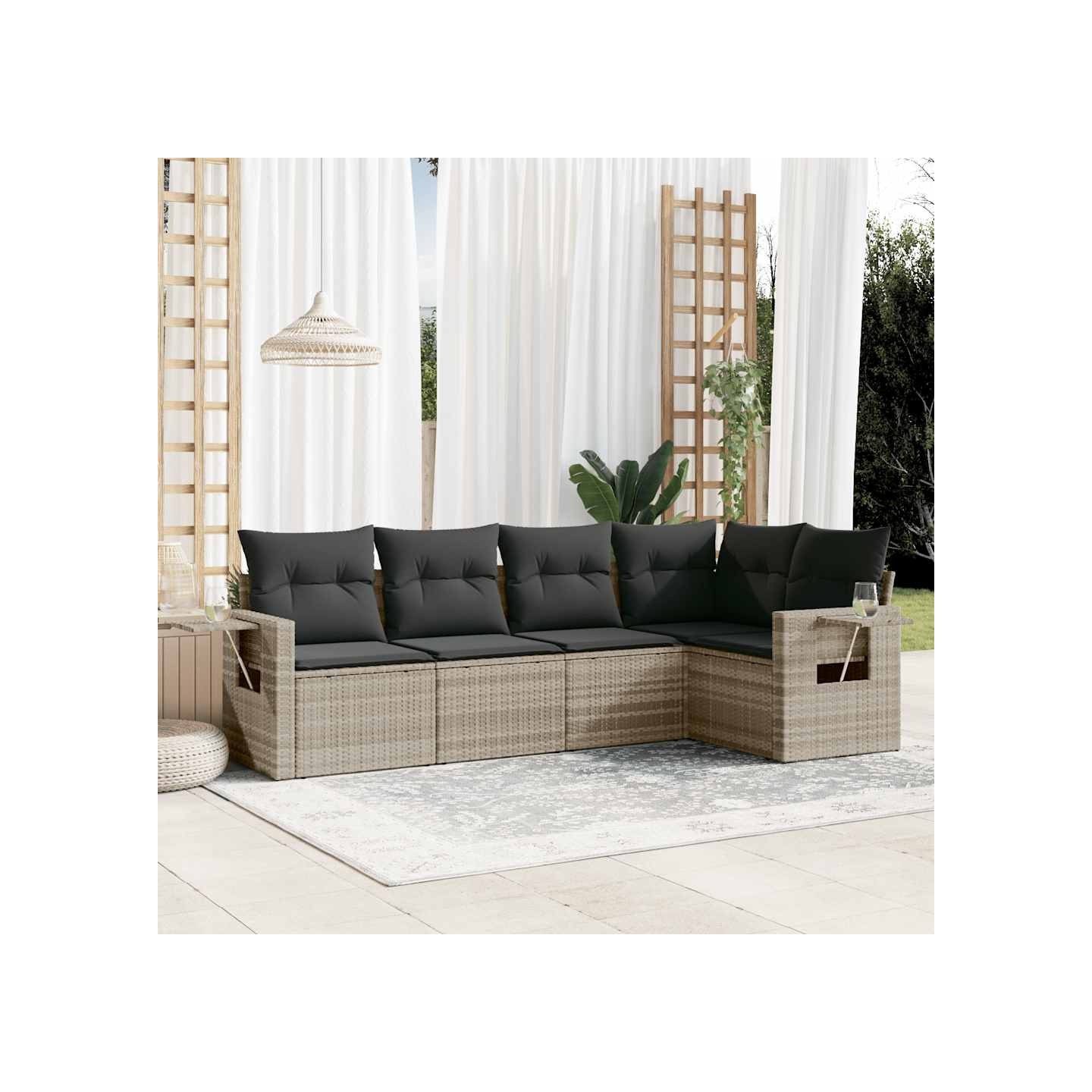 Salon de jardin 5 pcs avec coussins gris clair résine tressée