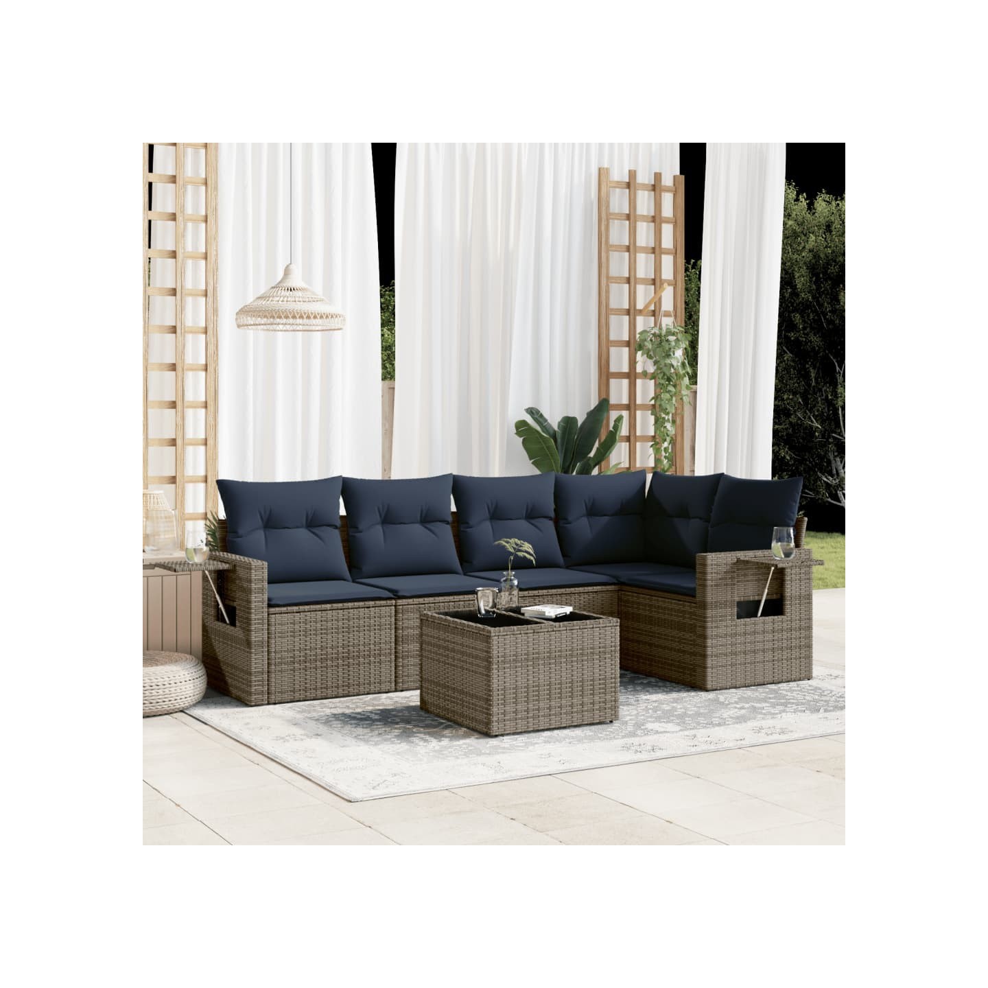 Ensemble de canapé de jardin 6 pcs avec coussins gris résine tressée