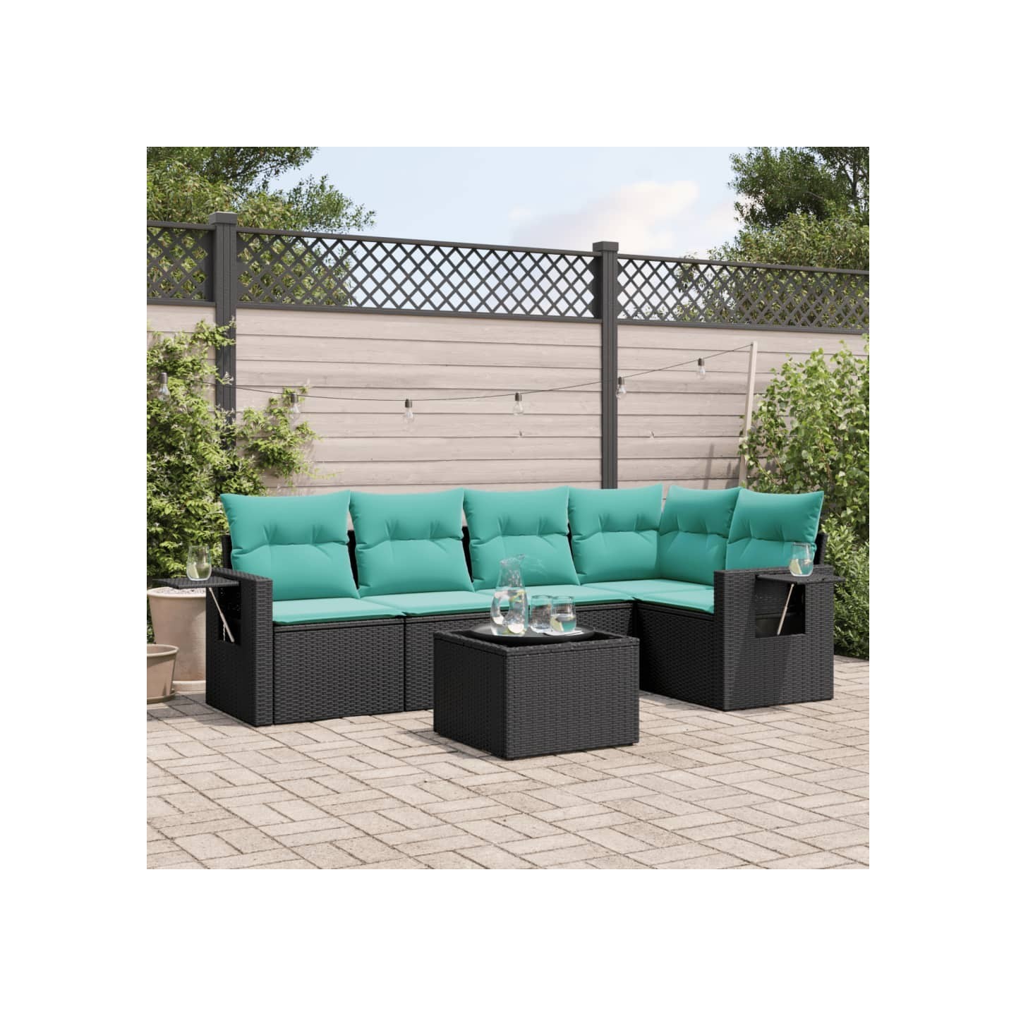 Ensemble de canapé de jardin 6 pcs avec coussins noir résine tressée