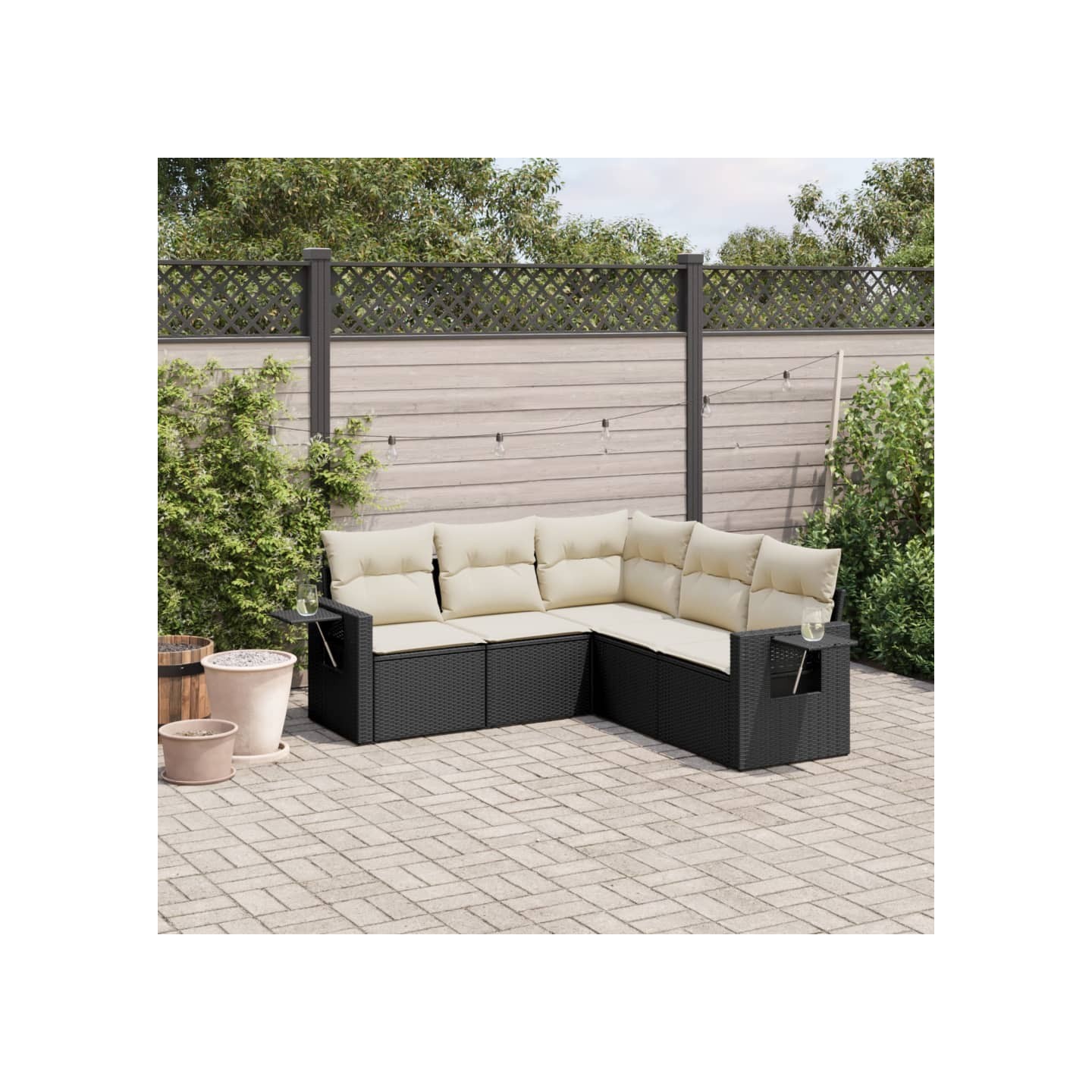 Salon de jardin 5 pcs avec coussins noir résine tressée