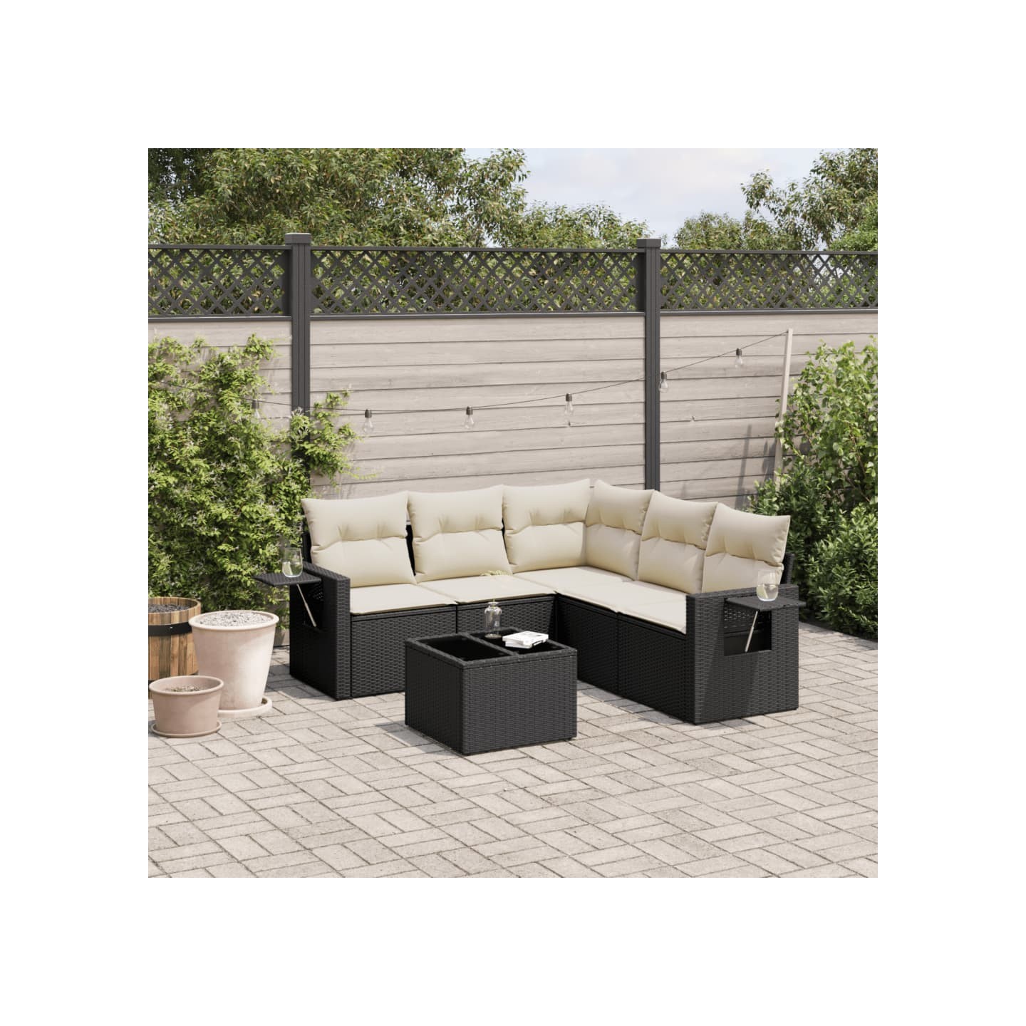 Salon de jardin 6 pcs avec coussins noir résine tressée