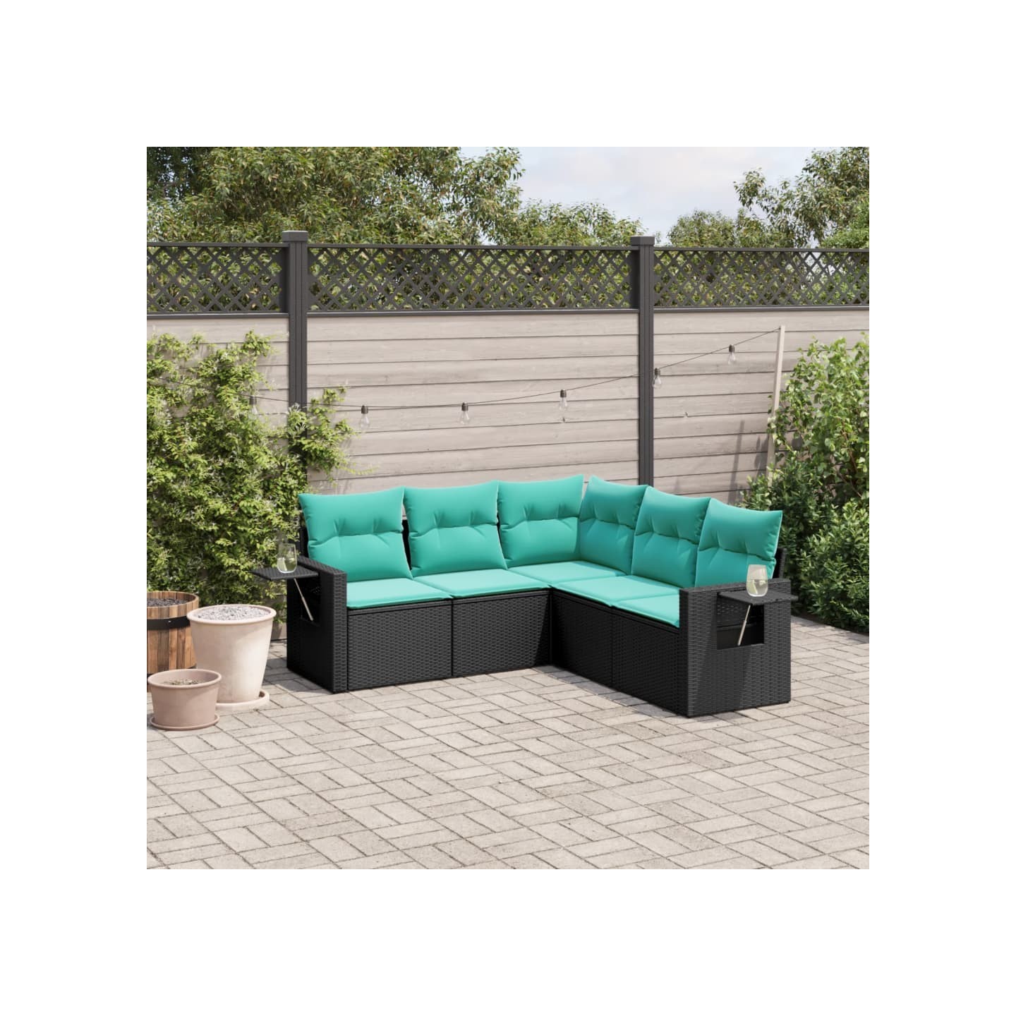 Salon de jardin 5 pcs avec coussins noir résine tressée