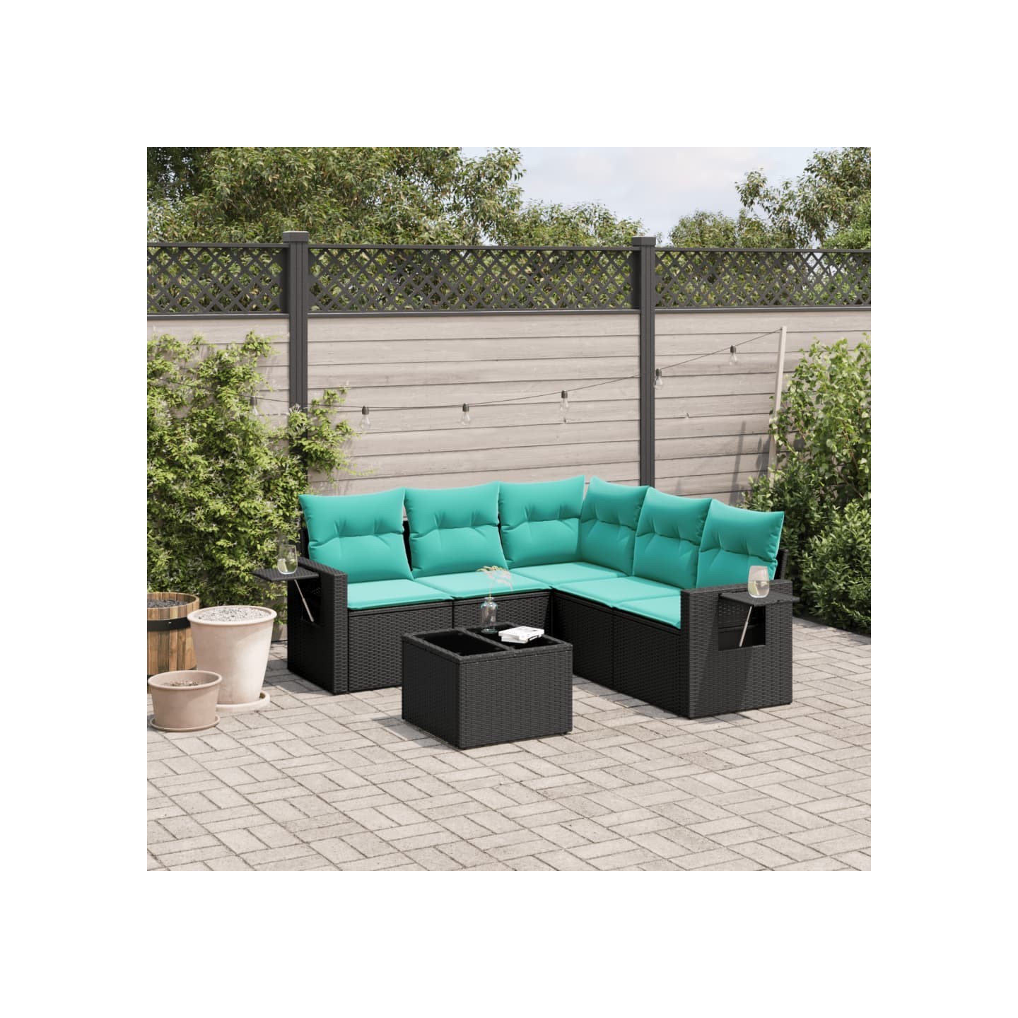 Ensemble de canapé de jardin 6 pcs avec coussins noir résine tressée