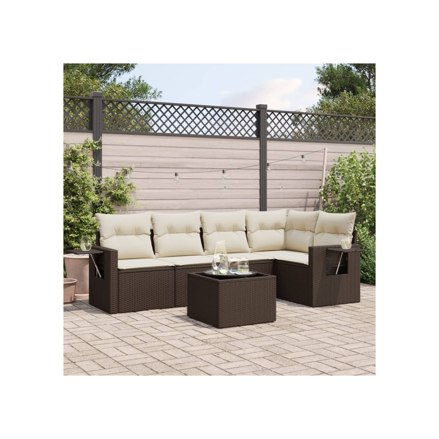 Salon de jardin avec coussins 6 pcs marron résine tressée