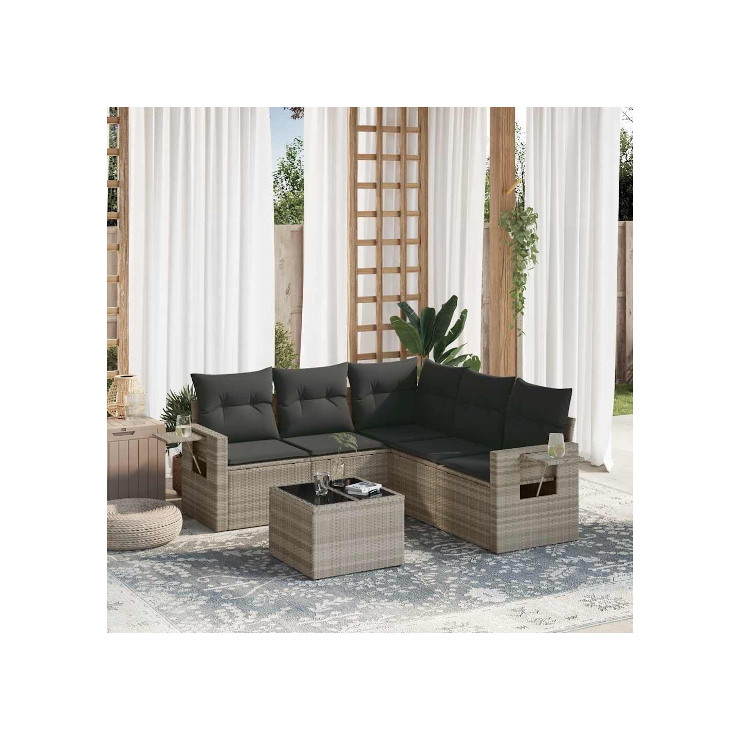 Salon de jardin 6 pcs avec coussins gris clair résine tressée