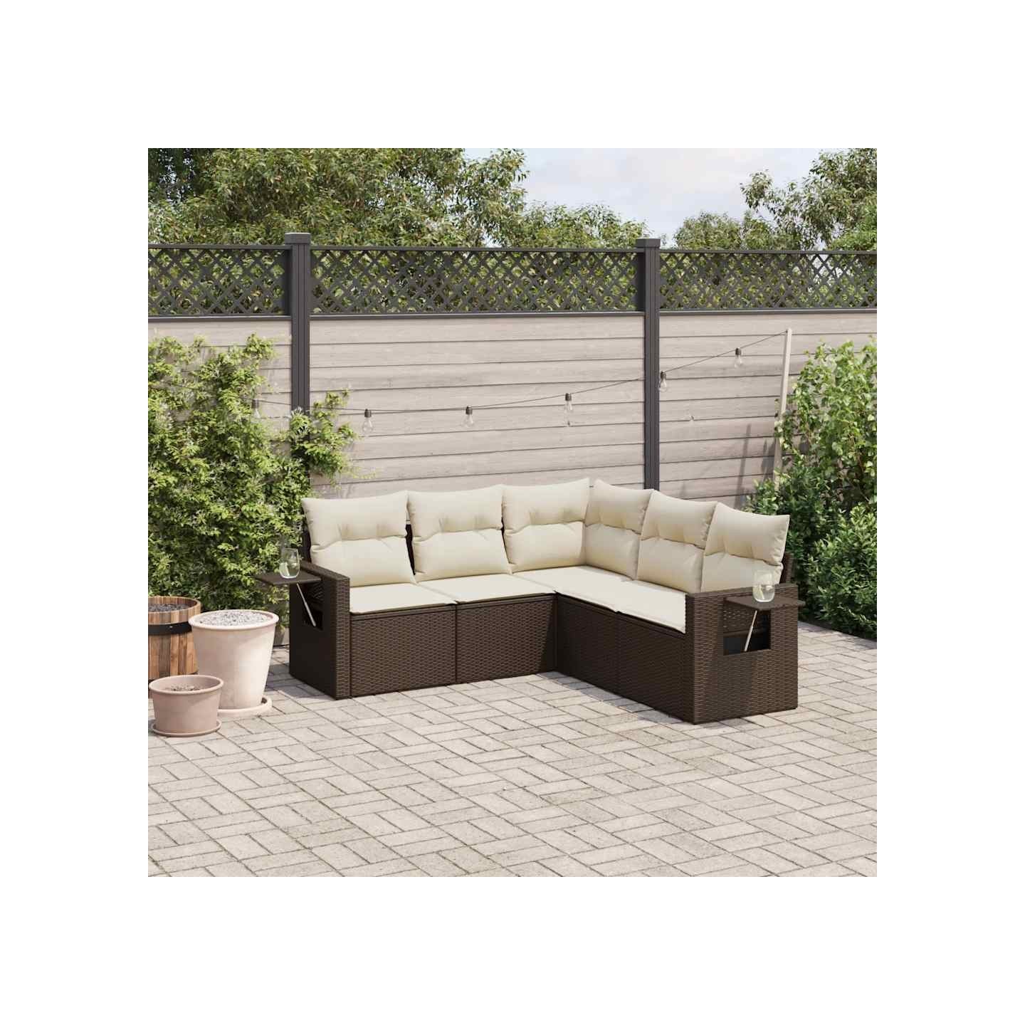 Salon de jardin avec coussins 5 pcs marron résine tressée