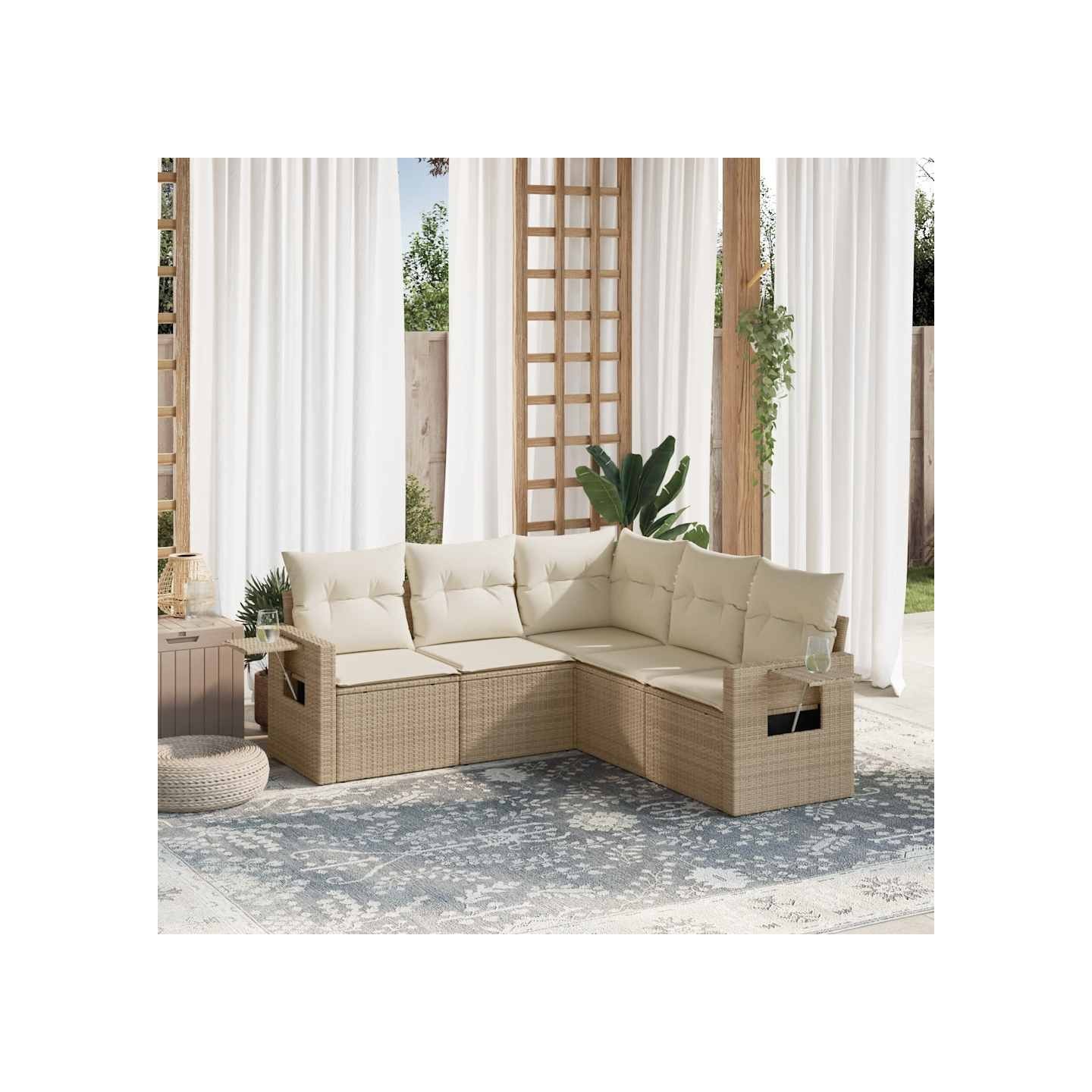 Salon de jardin avec coussins 5 pcs beige résine tressée