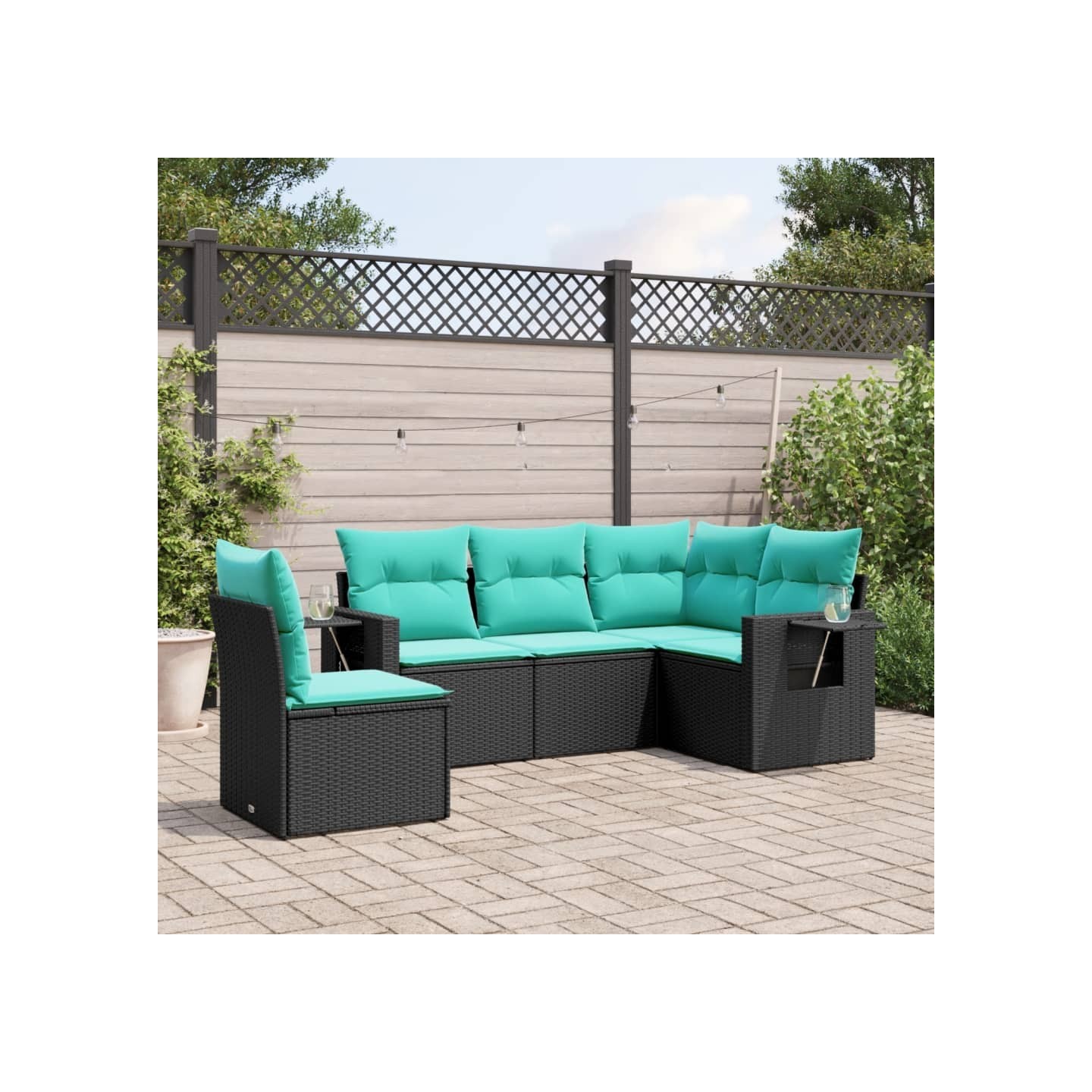 Salon de jardin 5 pcs avec coussins noir résine tressée