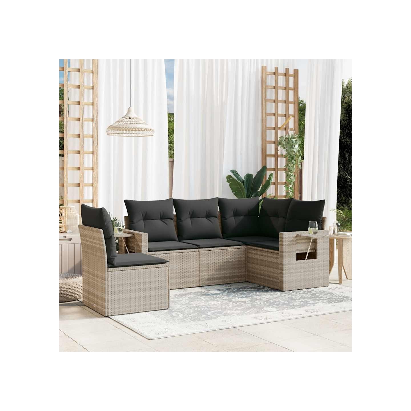 Salon de jardin 5 pcs avec coussins gris clair résine tressée