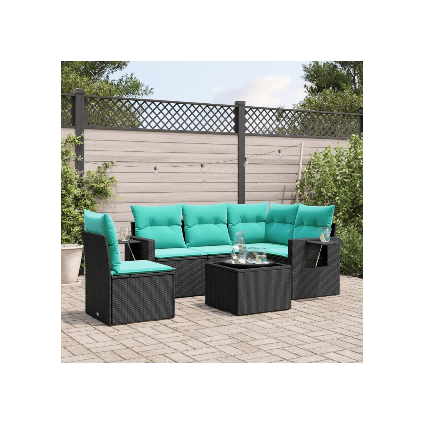 Ensemble de canapé de jardin 6 pcs avec coussins noir résine tressée