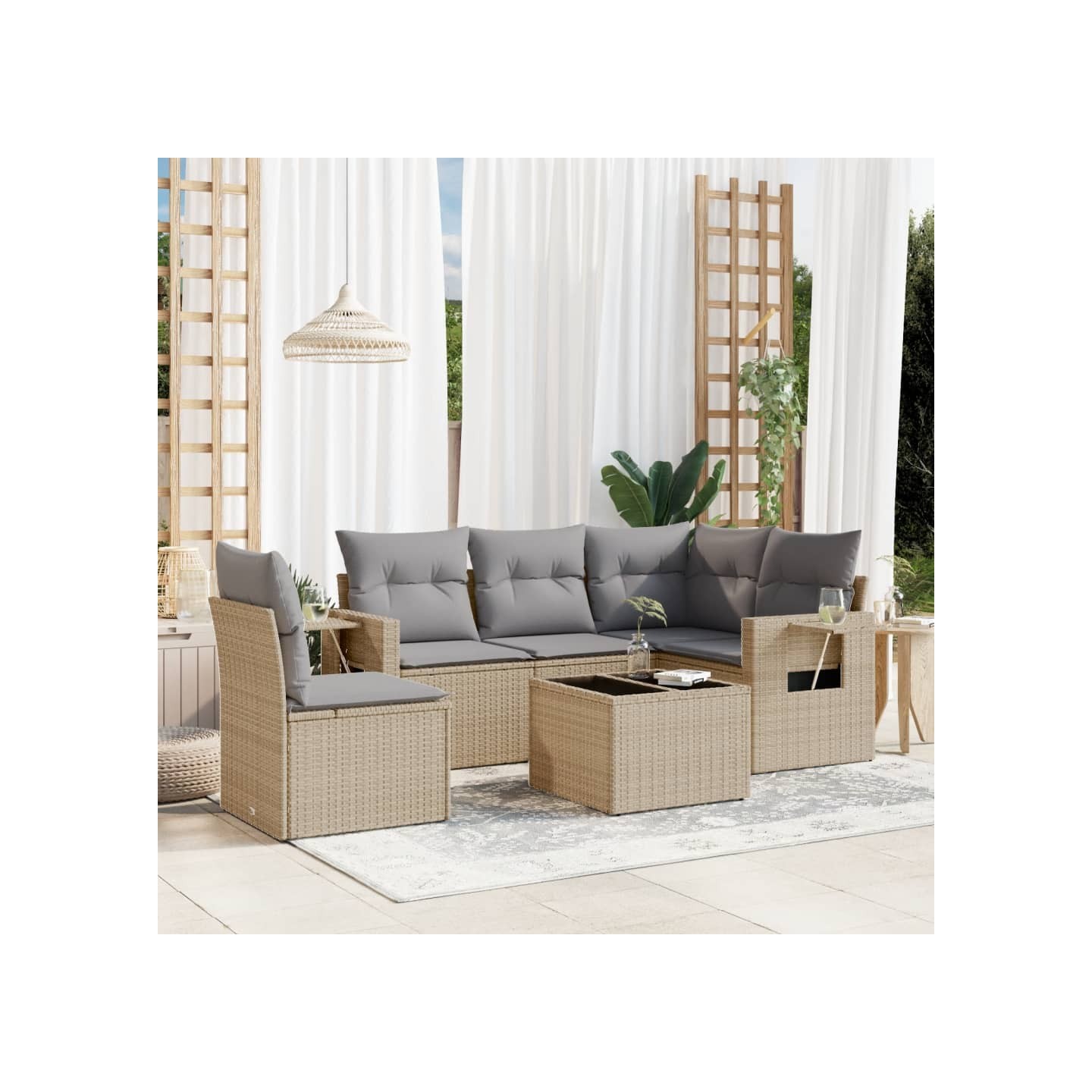 Salon de jardin avec coussins 6 pcs beige résine tressée