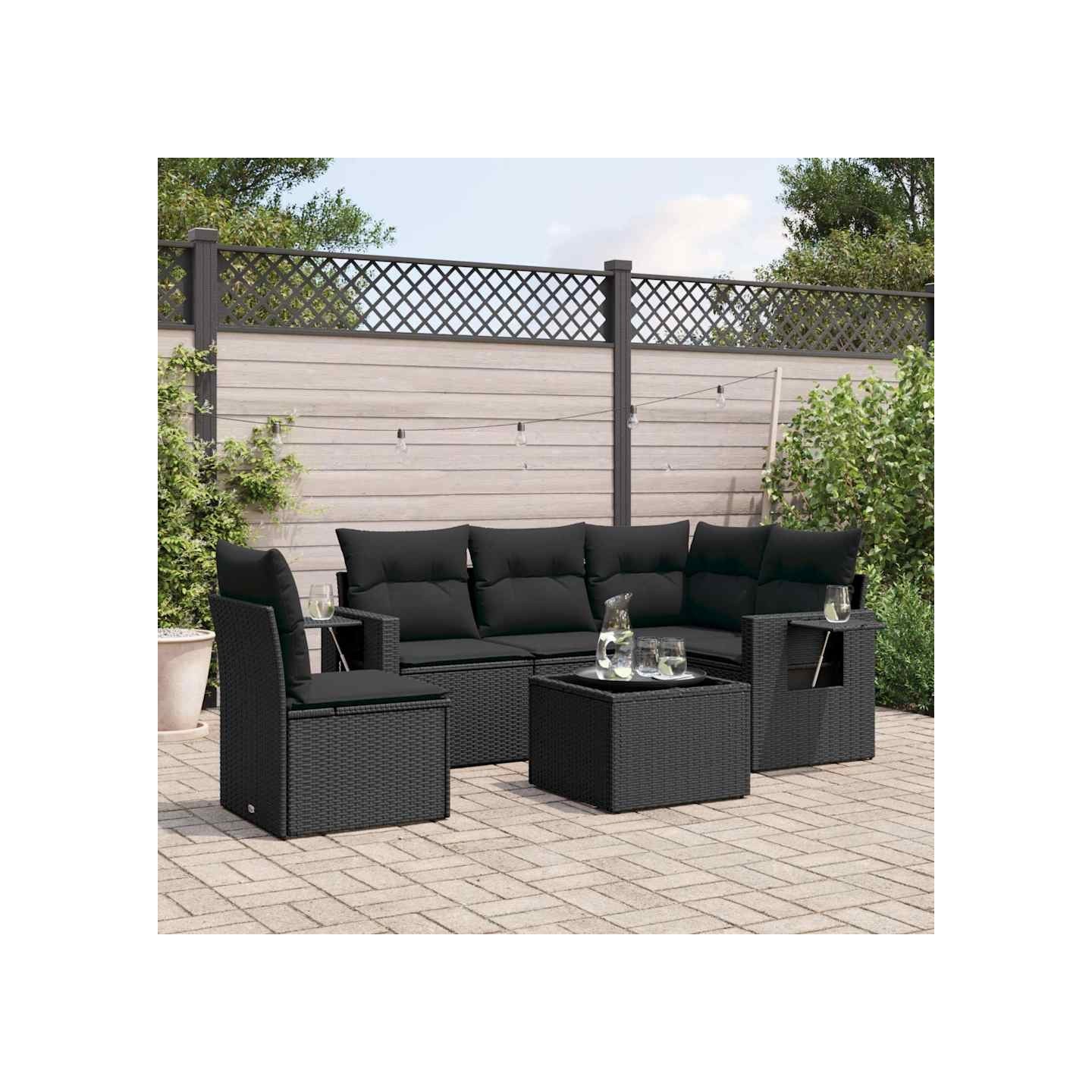 Salon de jardin 6 pcs avec coussins noir résine tressée