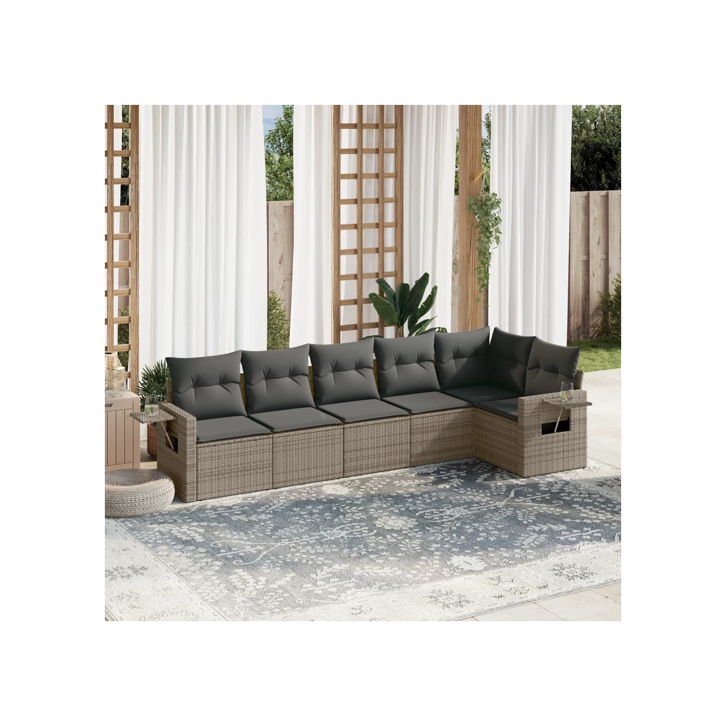 Salon de jardin 6 pcs avec coussins gris résine tressée