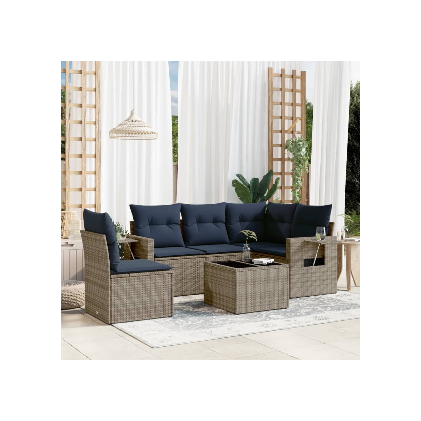 Ensemble de canapé de jardin 6 pcs avec coussins gris résine tressée