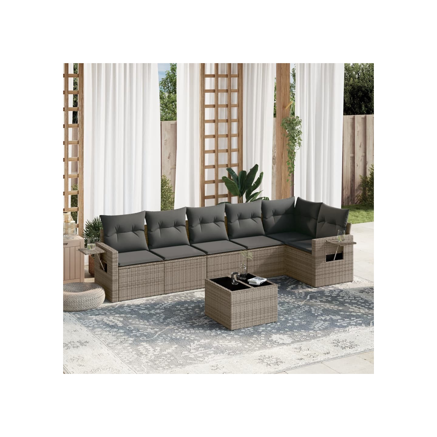 Salon de jardin avec coussins 7 pcs gris résine tressée