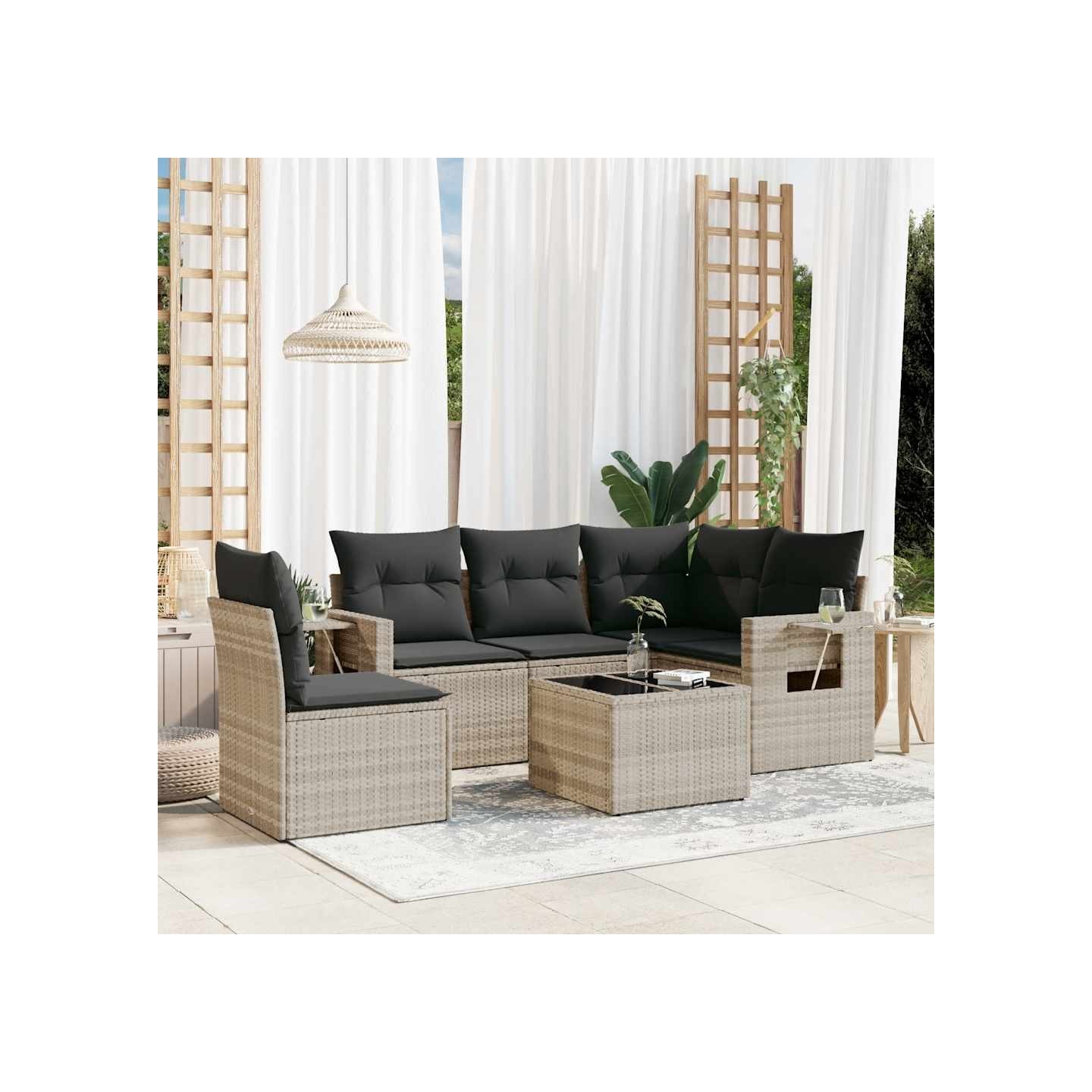 Salon de jardin 6 pcs avec coussins gris clair résine tressée