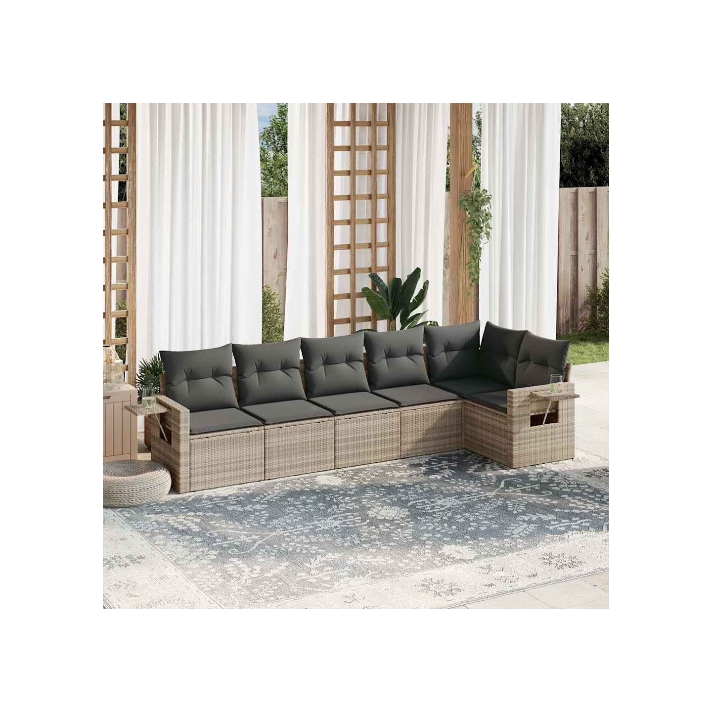 Salon de jardin 6 pcs avec coussins gris clair résine tressée
