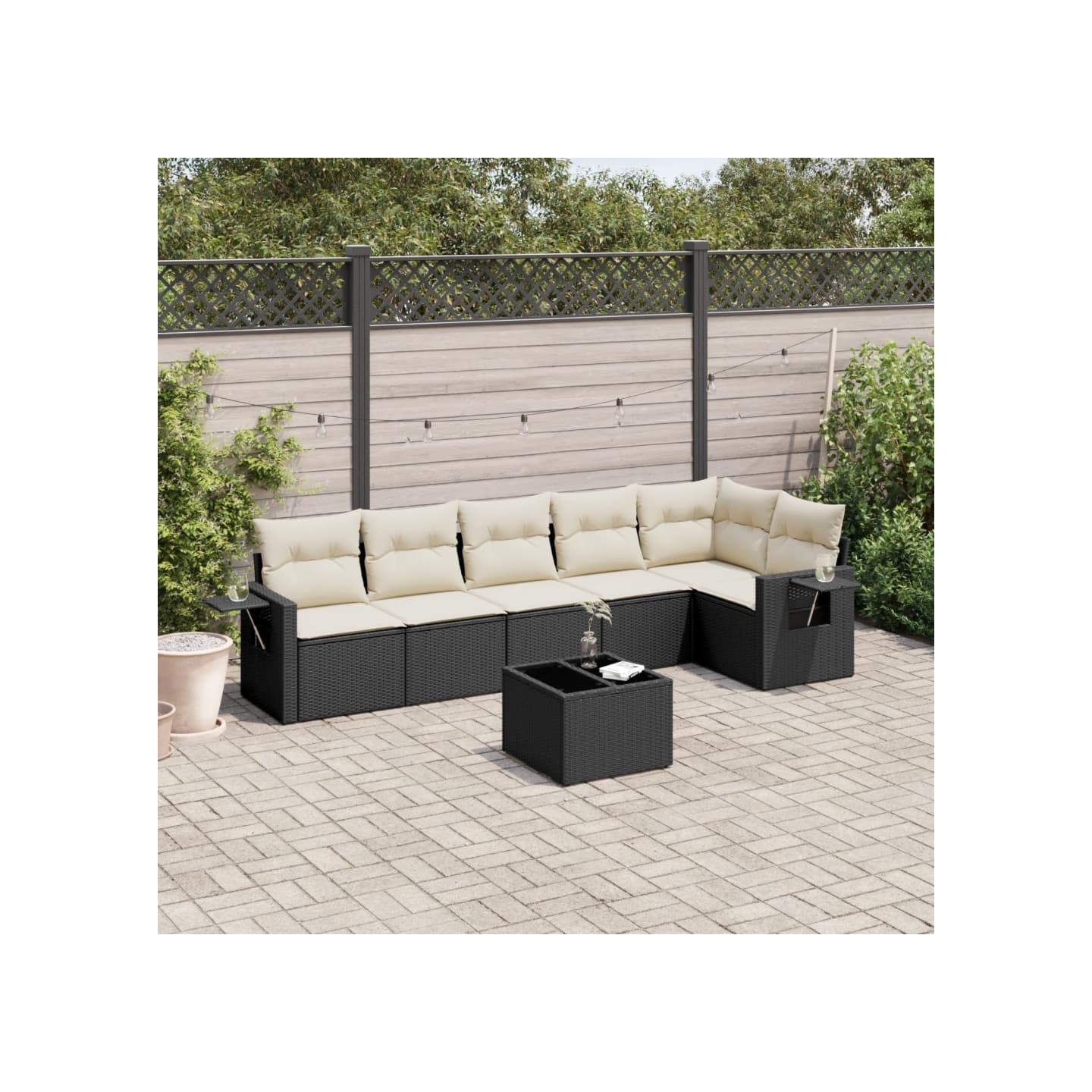 Salon de jardin 7 pcs avec coussins noir résine tressée