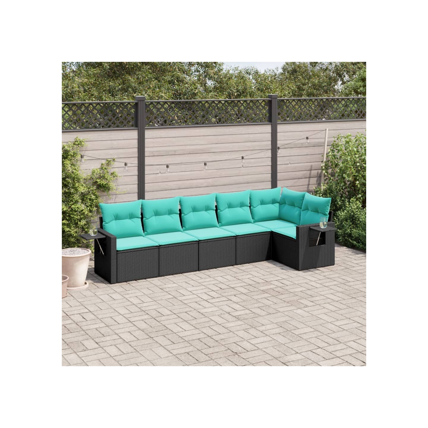 Salon de jardin 6 pcs avec coussins noir résine tressée
