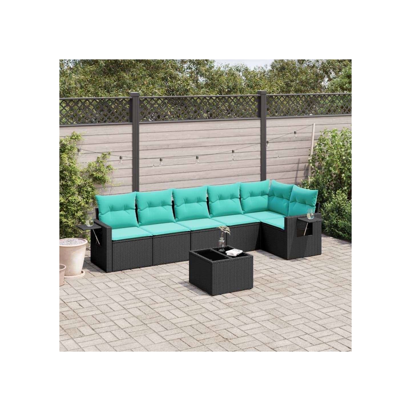 Ensemble de canapé de jardin 7 pcs avec coussins noir résine tressée