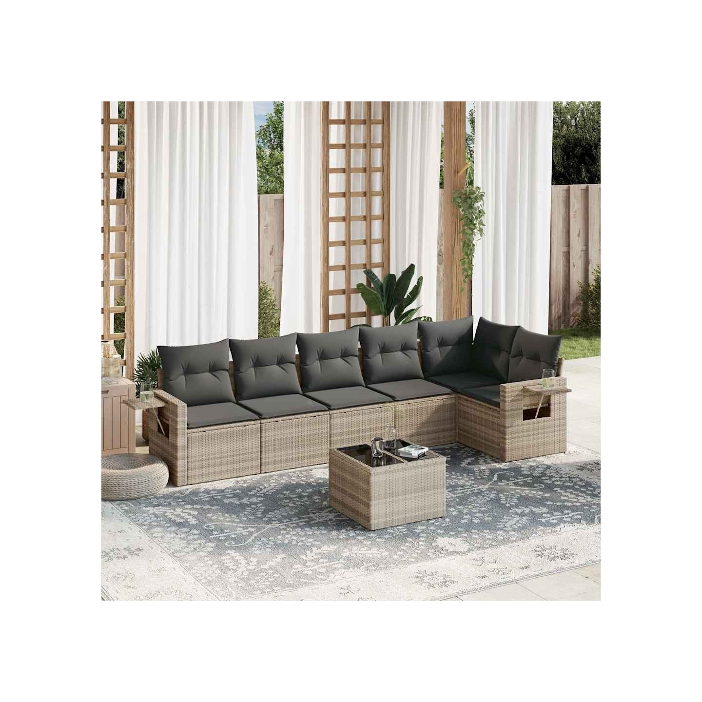 Salon de jardin avec coussins 7 pcs gris clair résine tressée