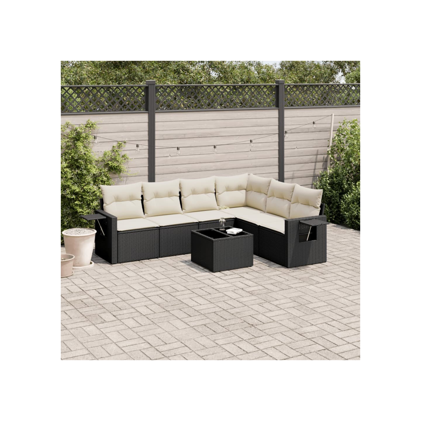 Salon de jardin 7 pcs avec coussins noir résine tressée