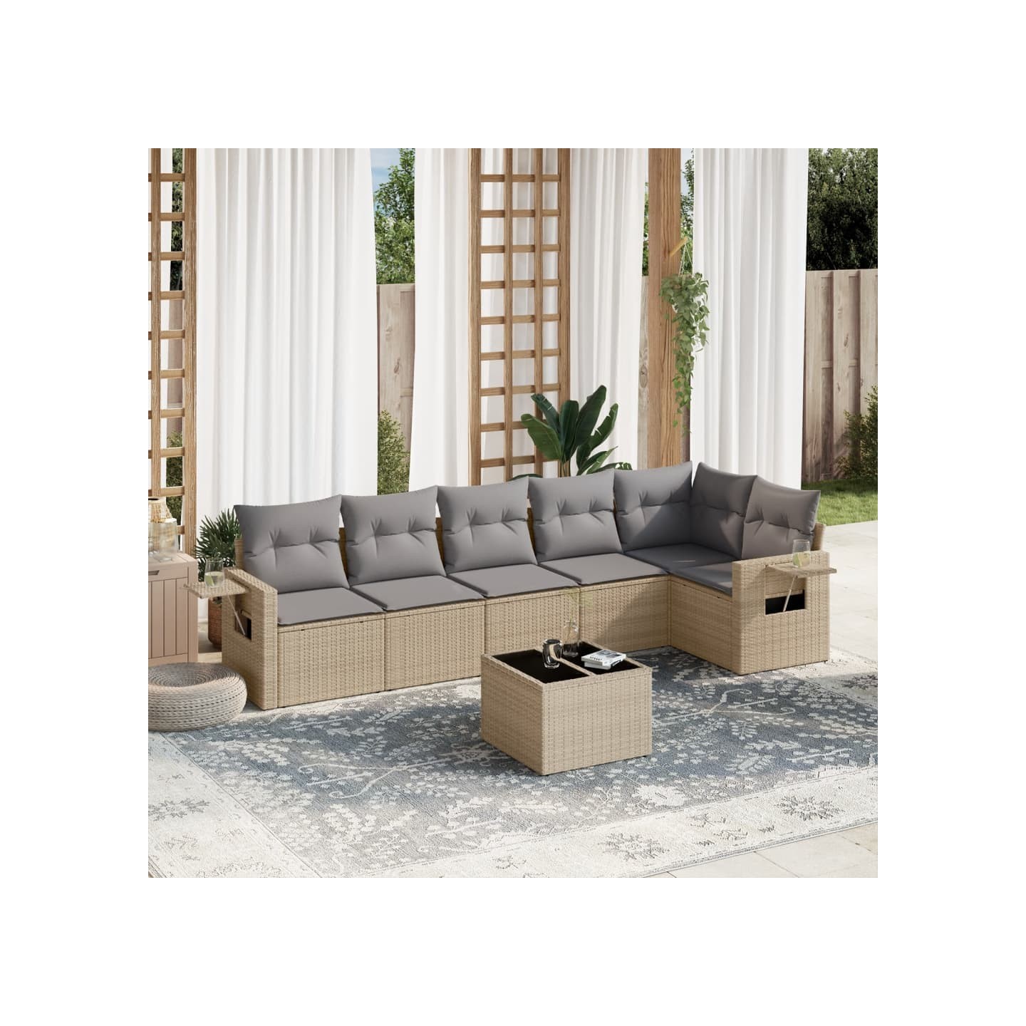 Salon de jardin avec coussins 7 pcs beige résine tressée