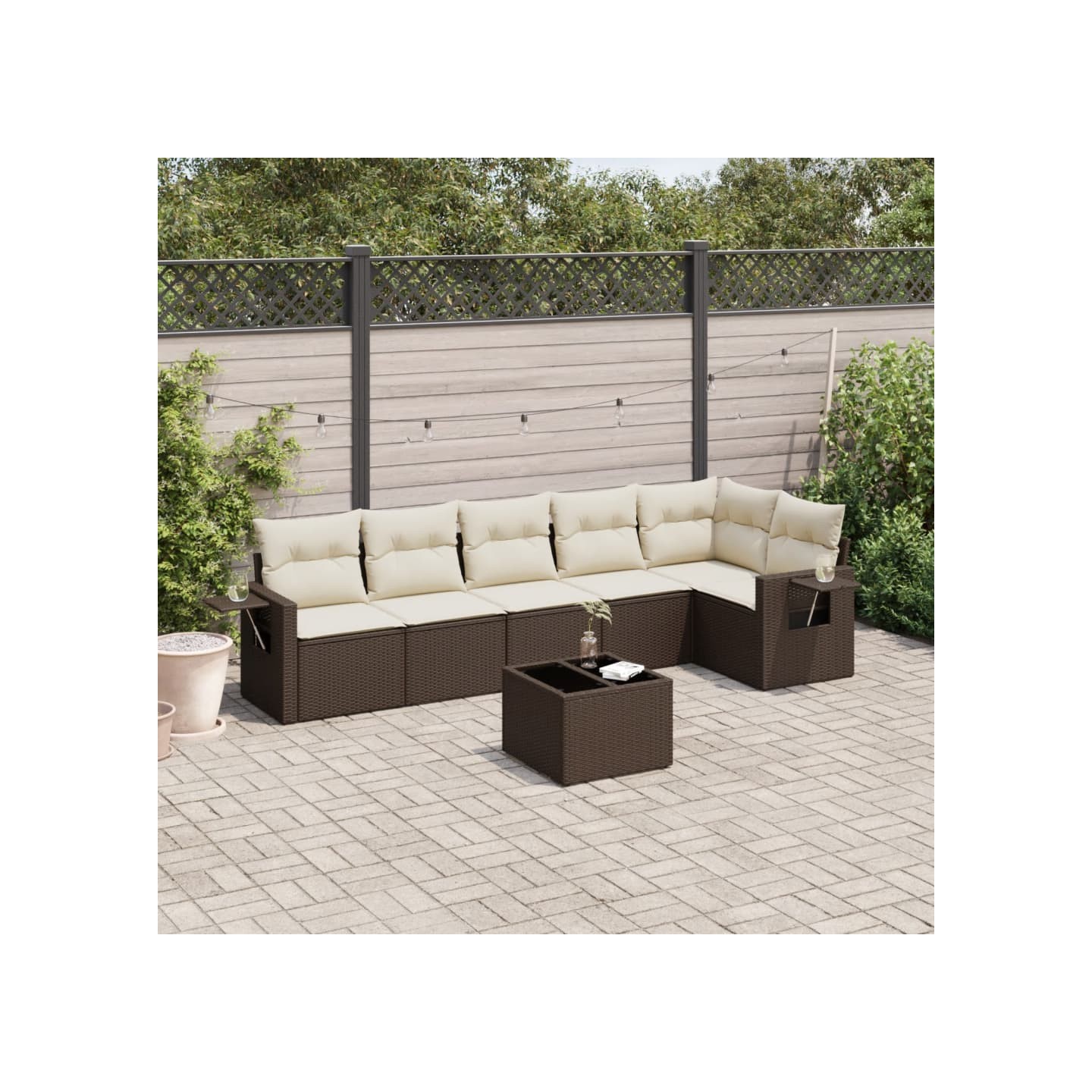 Salon de jardin avec coussins 7 pcs marron résine tressée