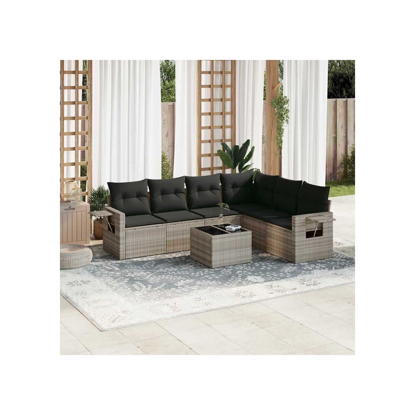 Salon de jardin avec coussins 7 pcs gris clair résine tressée