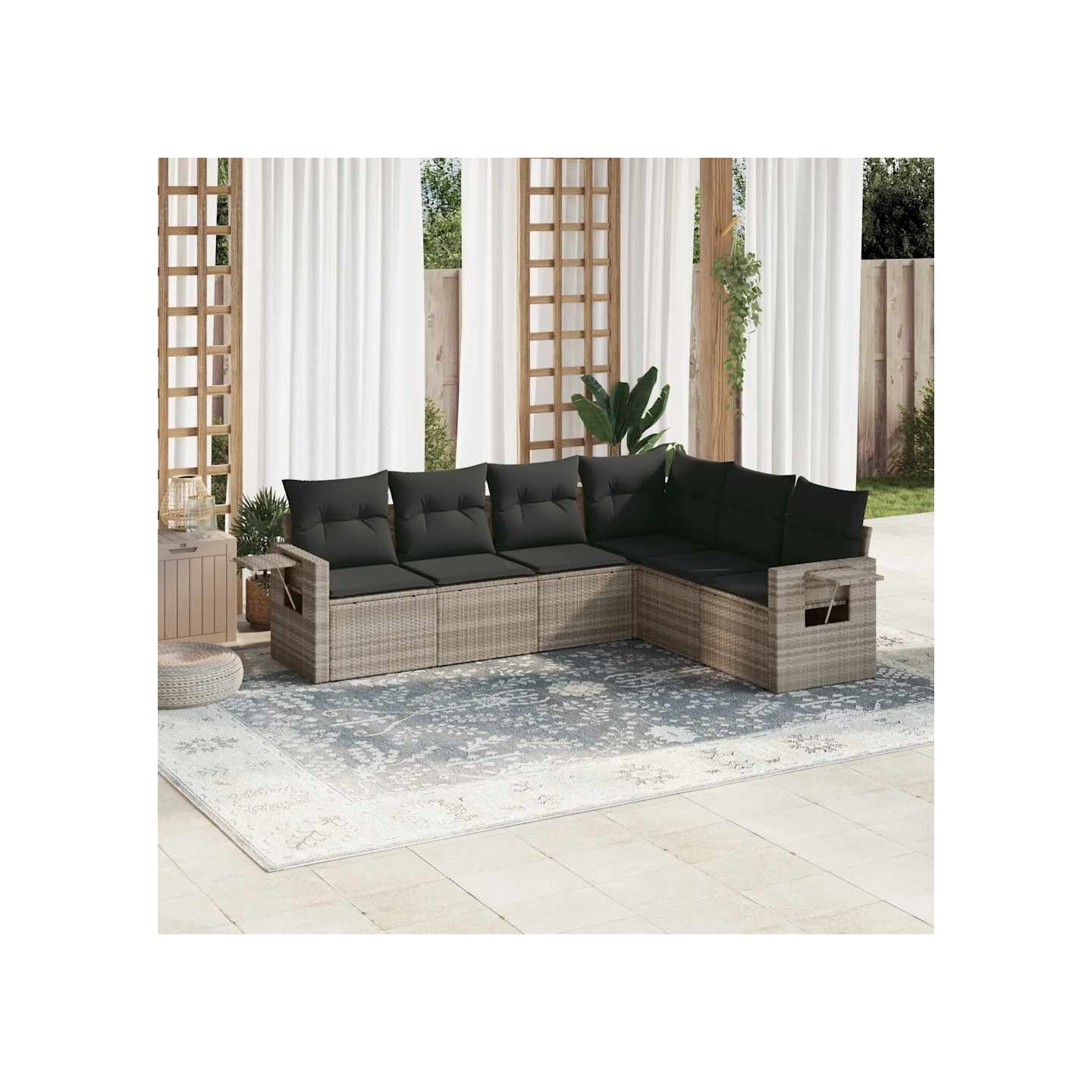 Salon de jardin 6 pcs avec coussins gris clair résine tressée