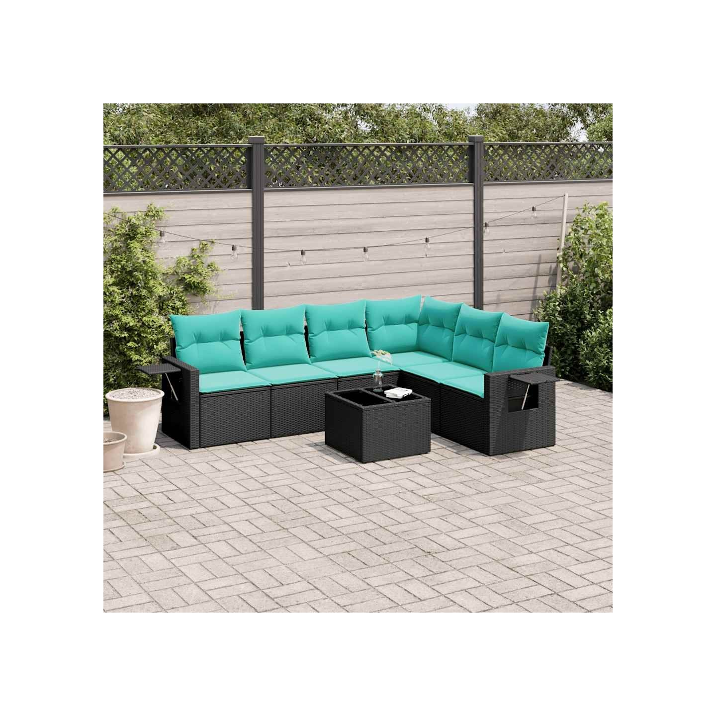 Ensemble de canapé de jardin 7 pcs avec coussins noir résine tressée