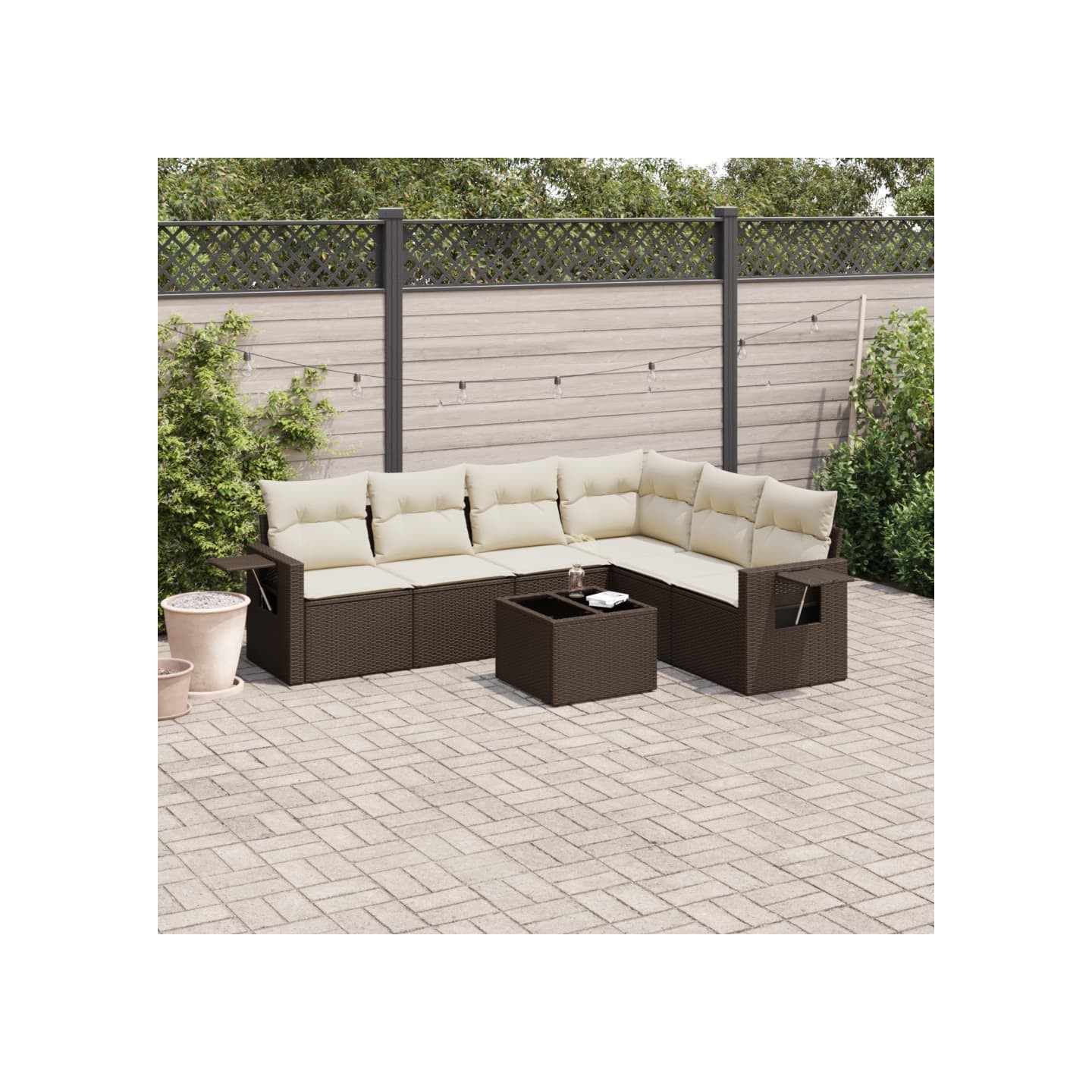 Salon de jardin avec coussins 7 pcs marron résine tressée