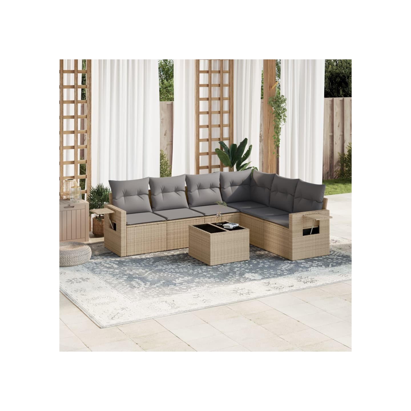 Salon de jardin avec coussins 7 pcs beige résine tressée
