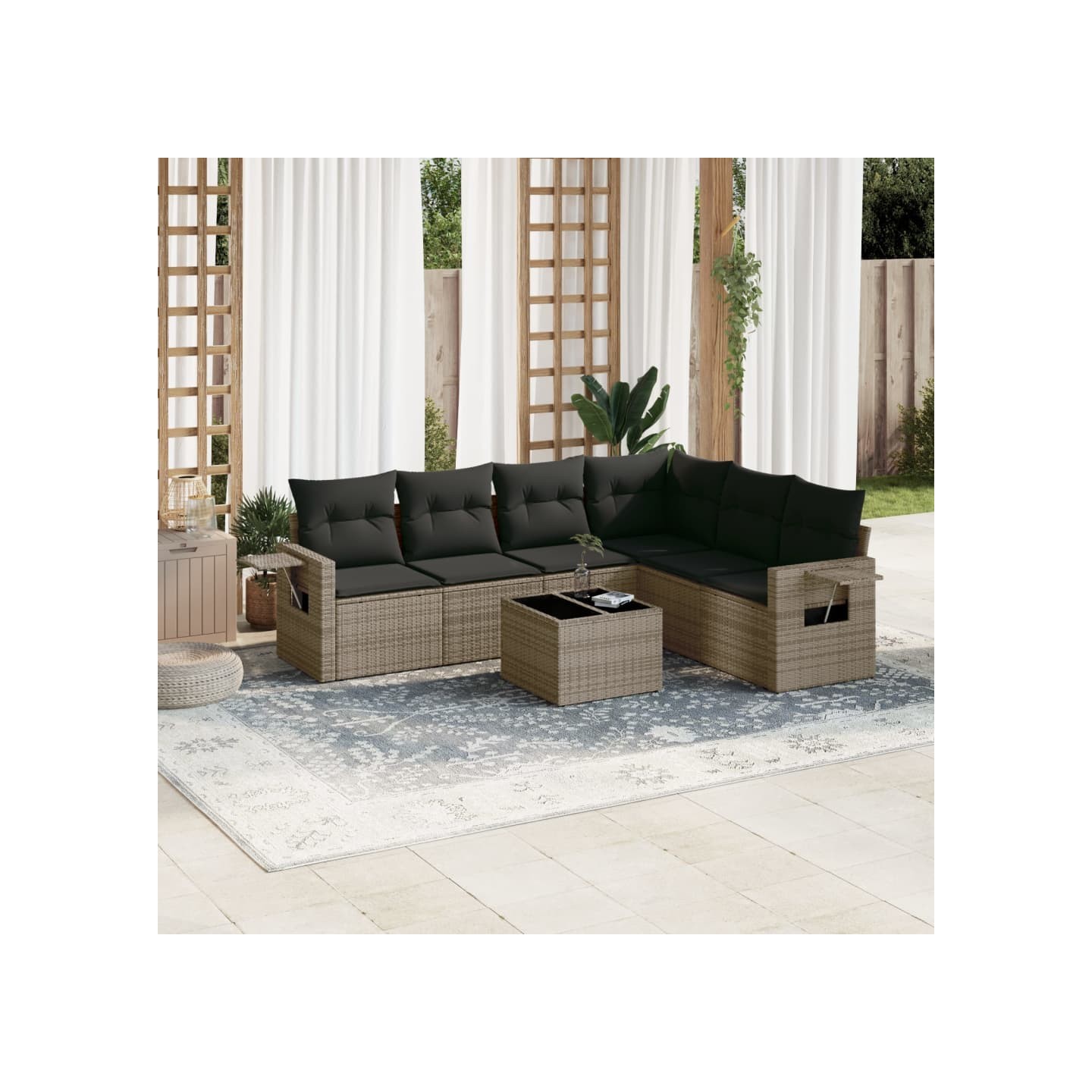 Salon de jardin avec coussins 7 pcs gris résine tressée